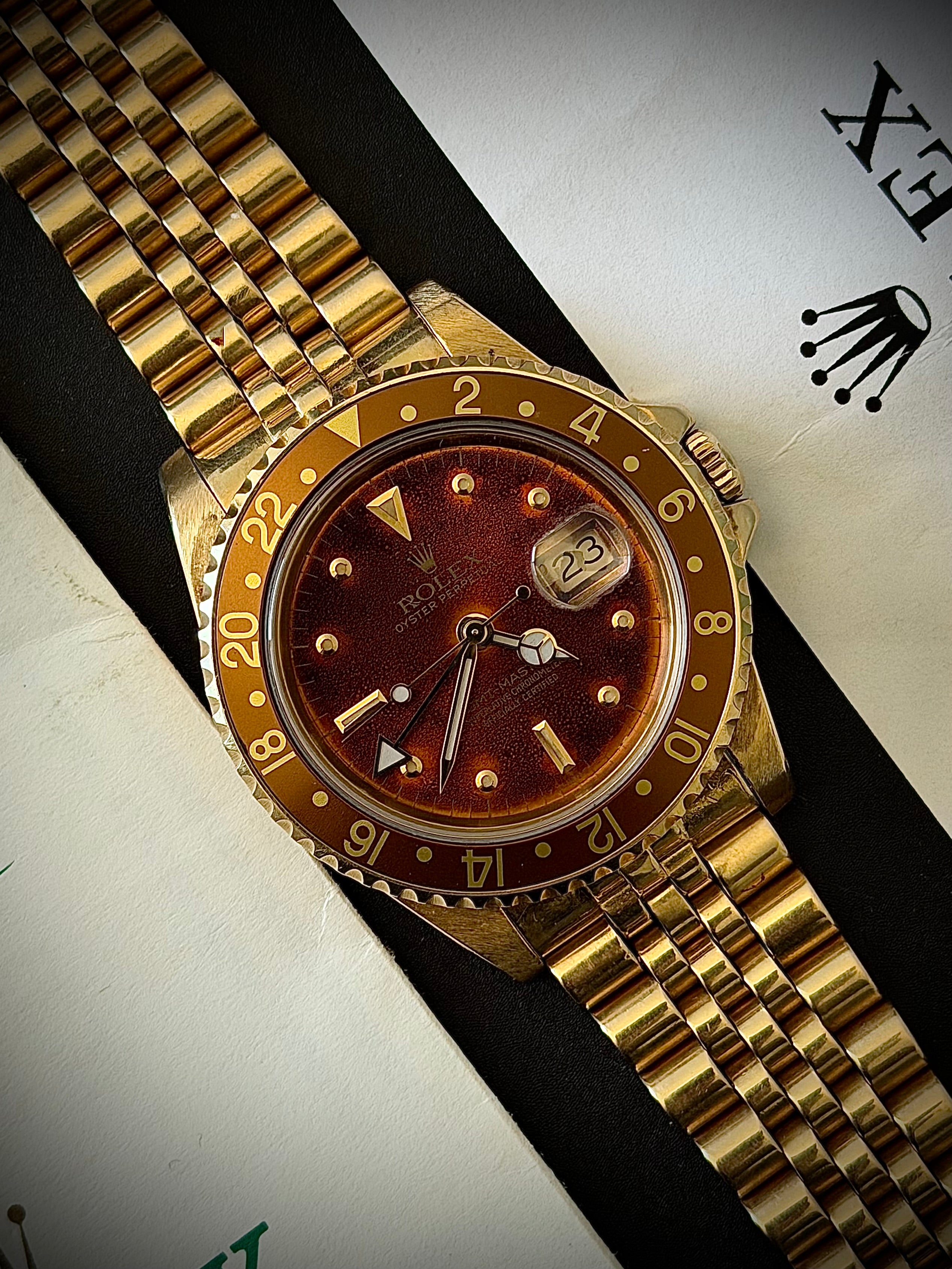 1987 ROLEX GMT-MASTER, 16758, TROPICAL BROWN “LAVA” NIPPLE DIAL, ONE-OWNER FULL SET, INC GST