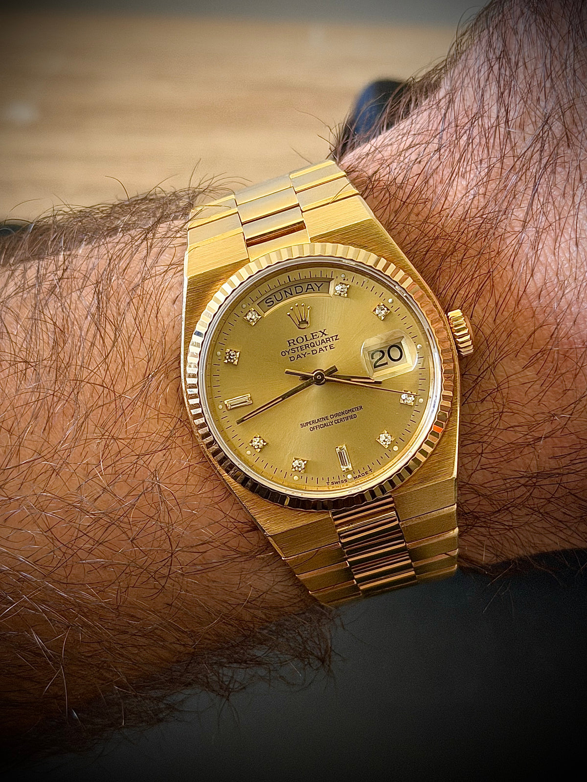 1978 ROLEX OYSTERQUARTZ DAY-DATE 36, 19018, CHAMPAGNE DIAMOND DIAL, 18CT YELLOW GOLD, WATCH ONLY, INC GST