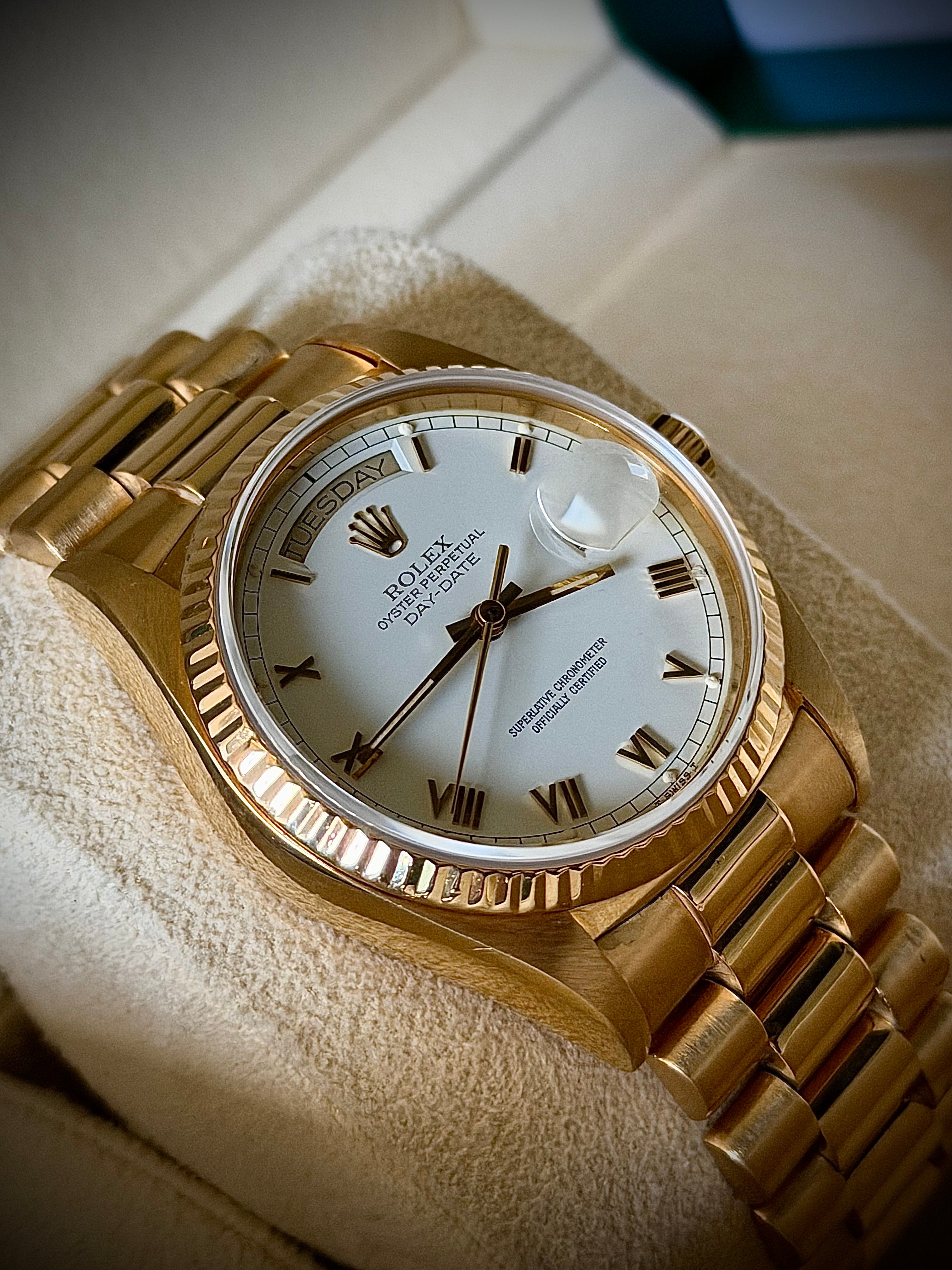 1987 ROLEX DAY DATE 36, 18038, WHITE ROMAN DIAL, FULL SET, INC GST