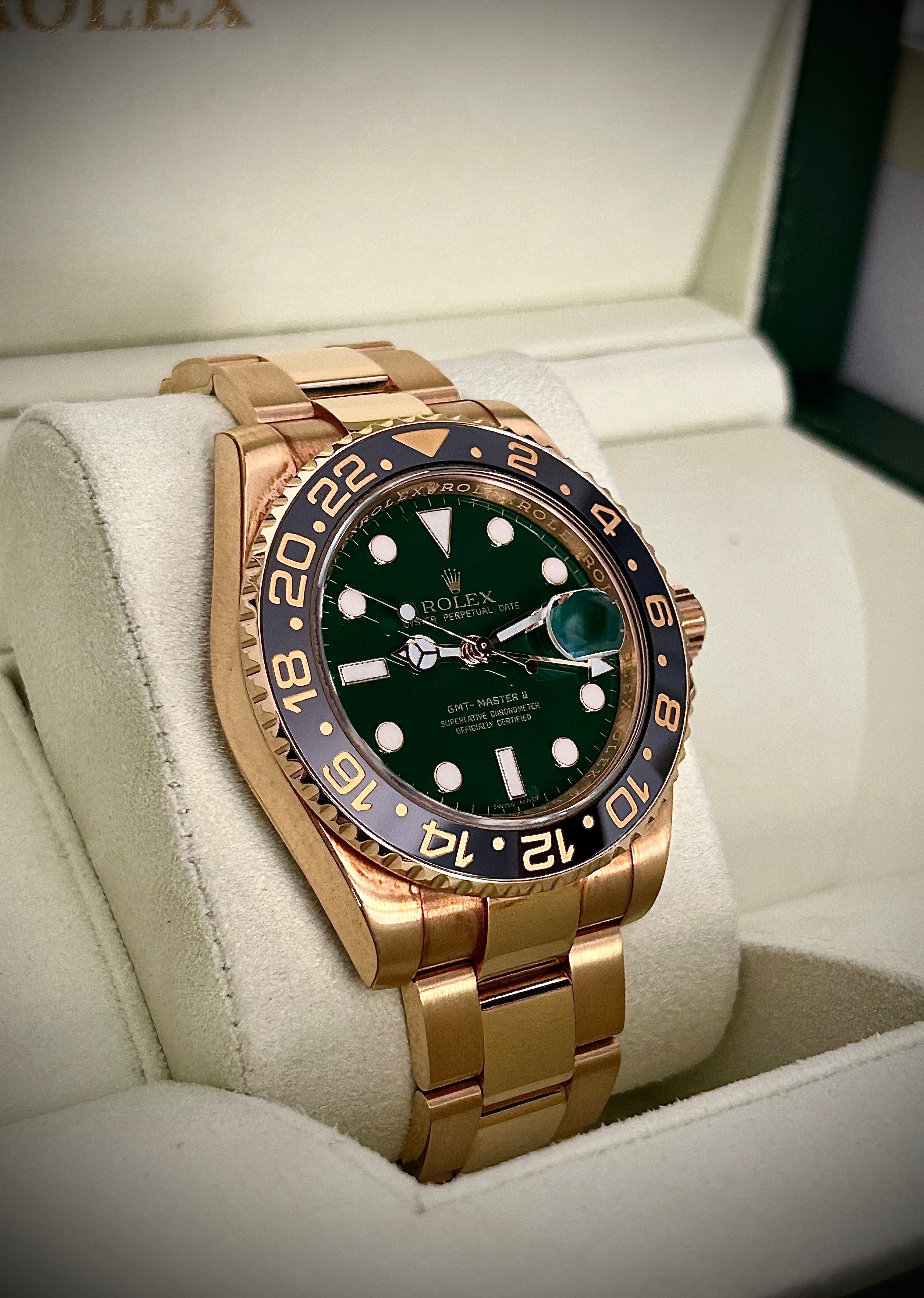 2007 ROLEX GMT MASTER II, GREEN MONEY DIAL RSC SERVICE, 116718LN , FULL COLLECTORS SET, INC GST