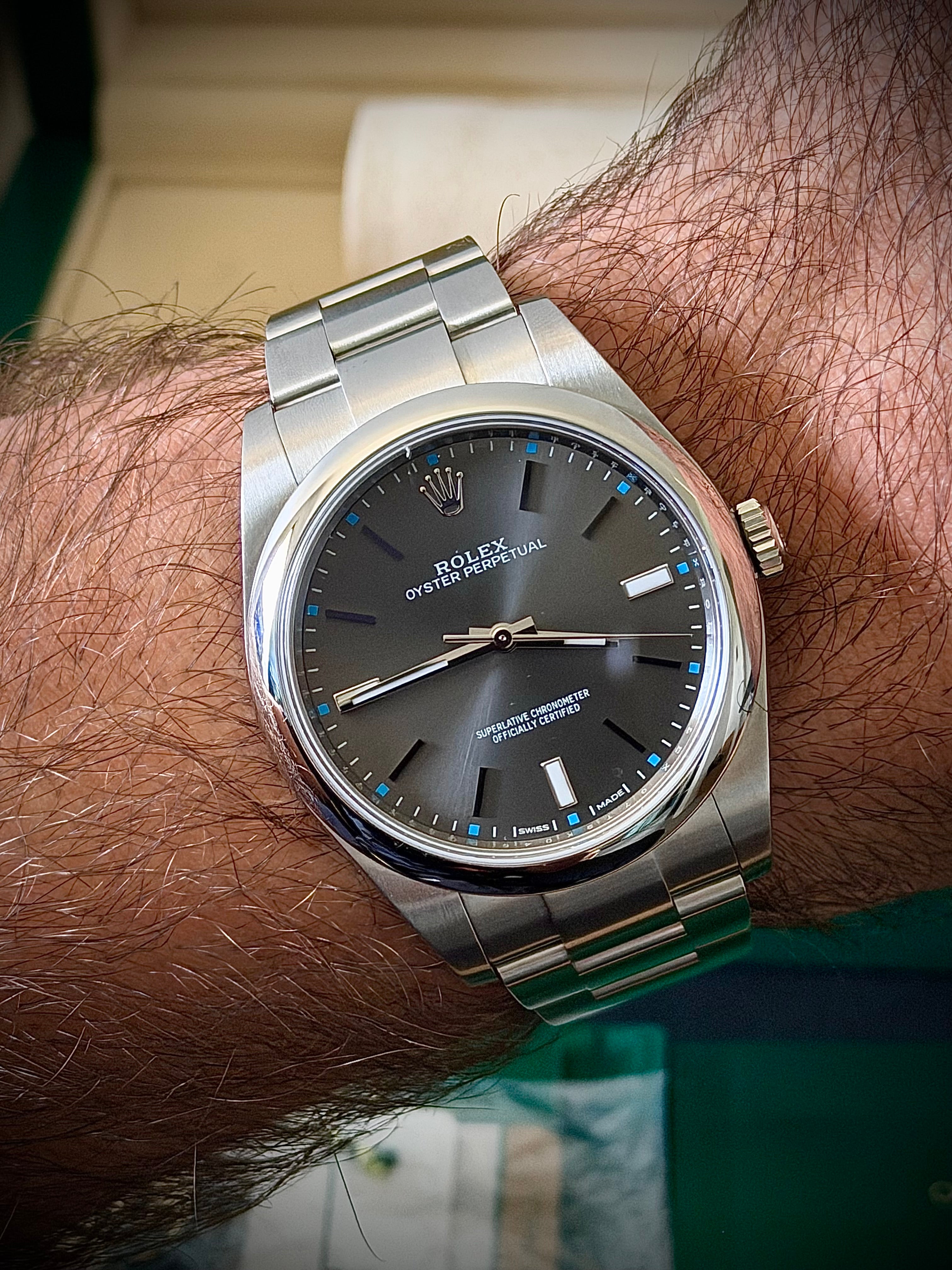 2018 ROLEX OYSTER PERPETUAL 39, 114300, RHODIUM DIAL, FULL SET, INC GST