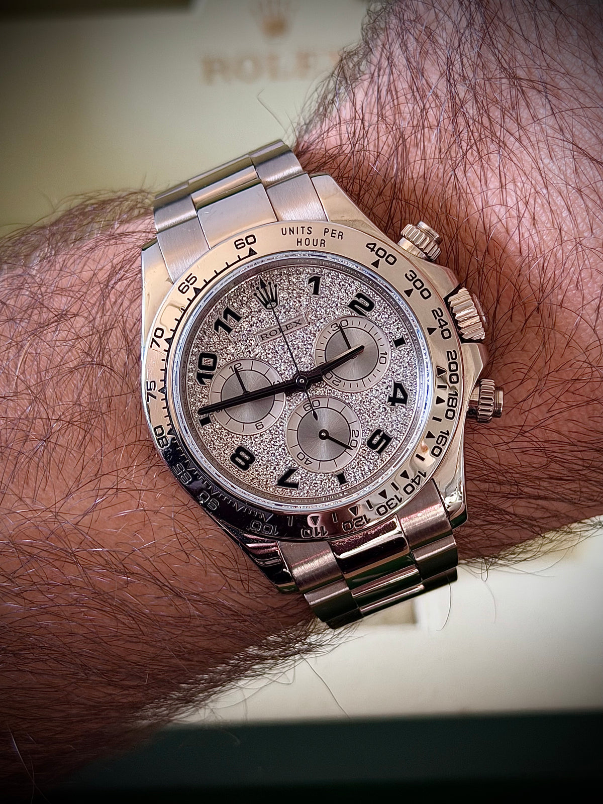 2008 ROLEX COSMOGRAPH DAYTONA, 116509, 18CT WHITE GOLD, FACTORY DIAMOND PAVÉ DIAL, BOX AND PAPERS, EXCELLENT CONDITION, INC GST