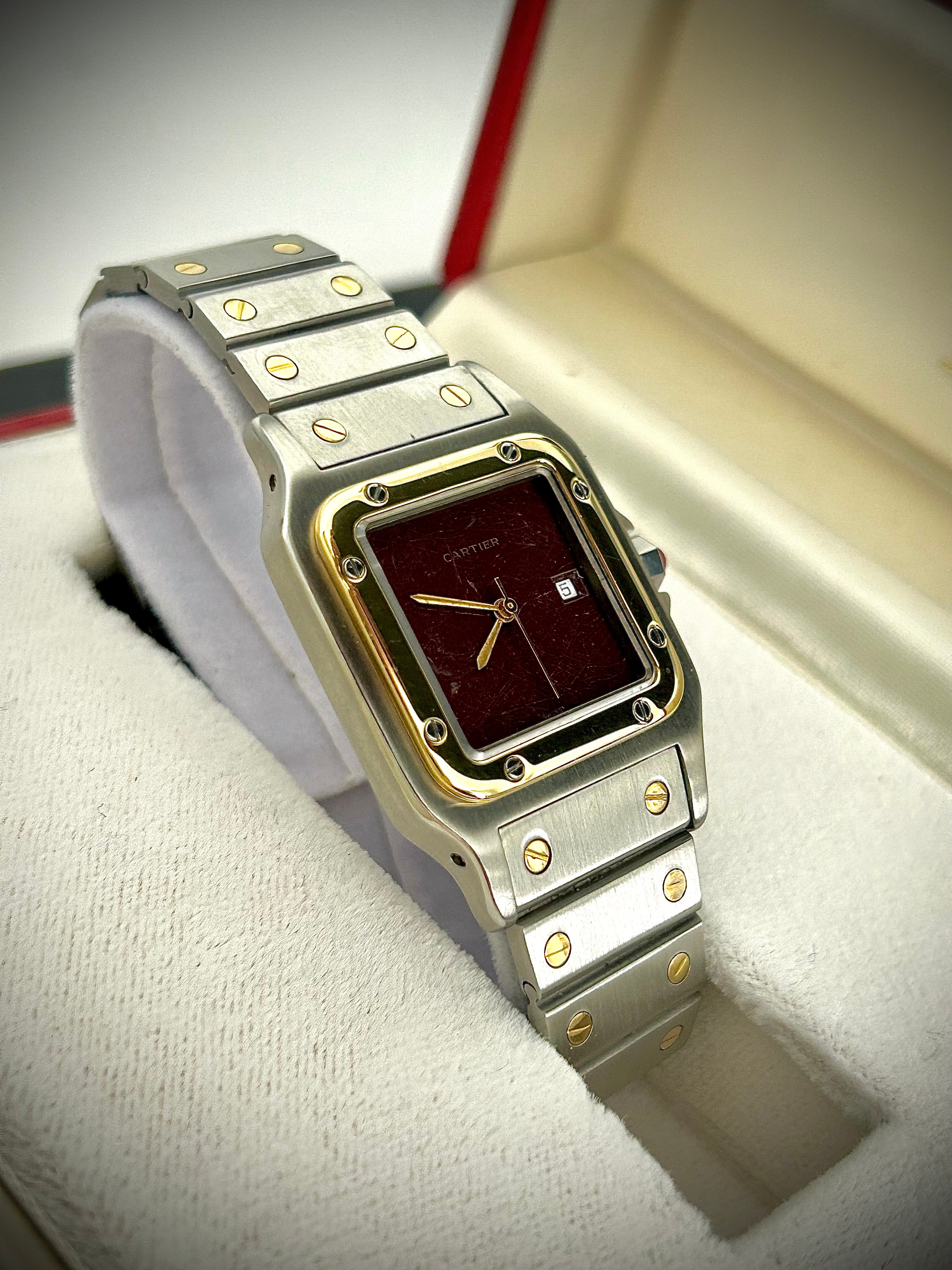 1982 CARTIER SANTOS CAREÉ, 2961, BURGUNDY SPIDER DIAL, WATCH AND BOX,  INC GST