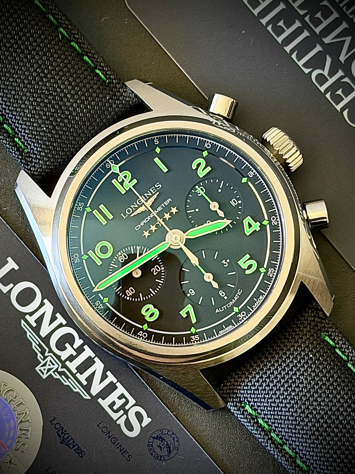 2025 LONGINES SPIRIT PIONEER EDITION CHRONOGRAPH, L3.829.1.53.2, TITANIUM, FULL SET, EXCELLENT CONDITION, INC GST