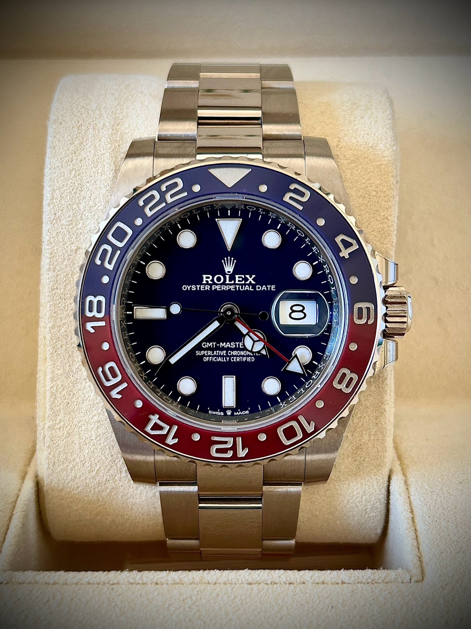 2019 ROLEX GMT MASTER II, PEPSI, WHITE GOLD, BLUE DIAL, 126719BLRO, FULL SET, INC GST