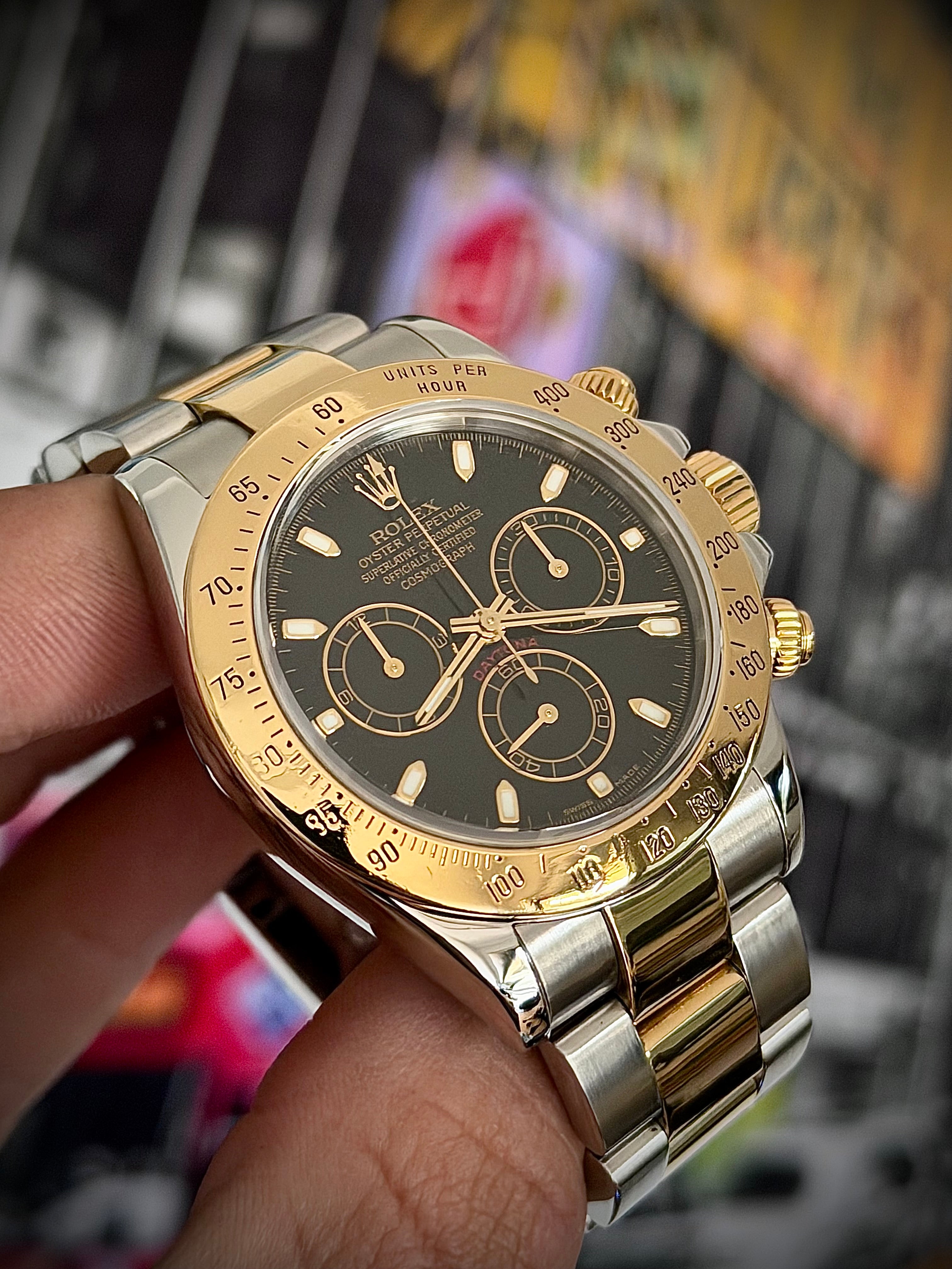 2002 ROLEX COSMOGRAPH DAYTONA, BLACK DIAL, TWO TONE, 116523, WATCH ONLY, INC GST