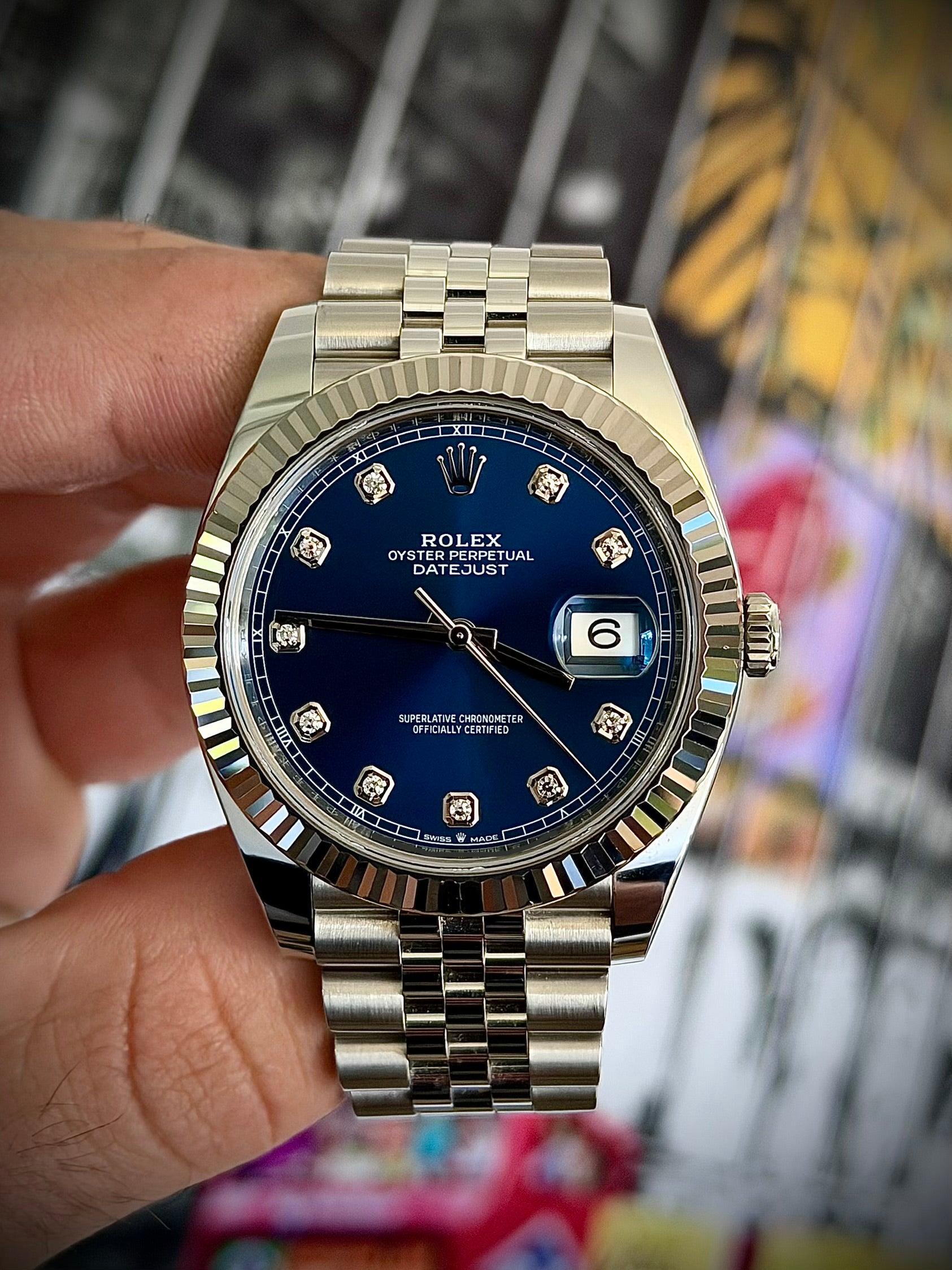 2023 ROLEX DATEJUST 41, FLUTED BEZEL, JUBILEE BRACELET, BLUE DIAMOND DIAL, FULL SET, INC GST