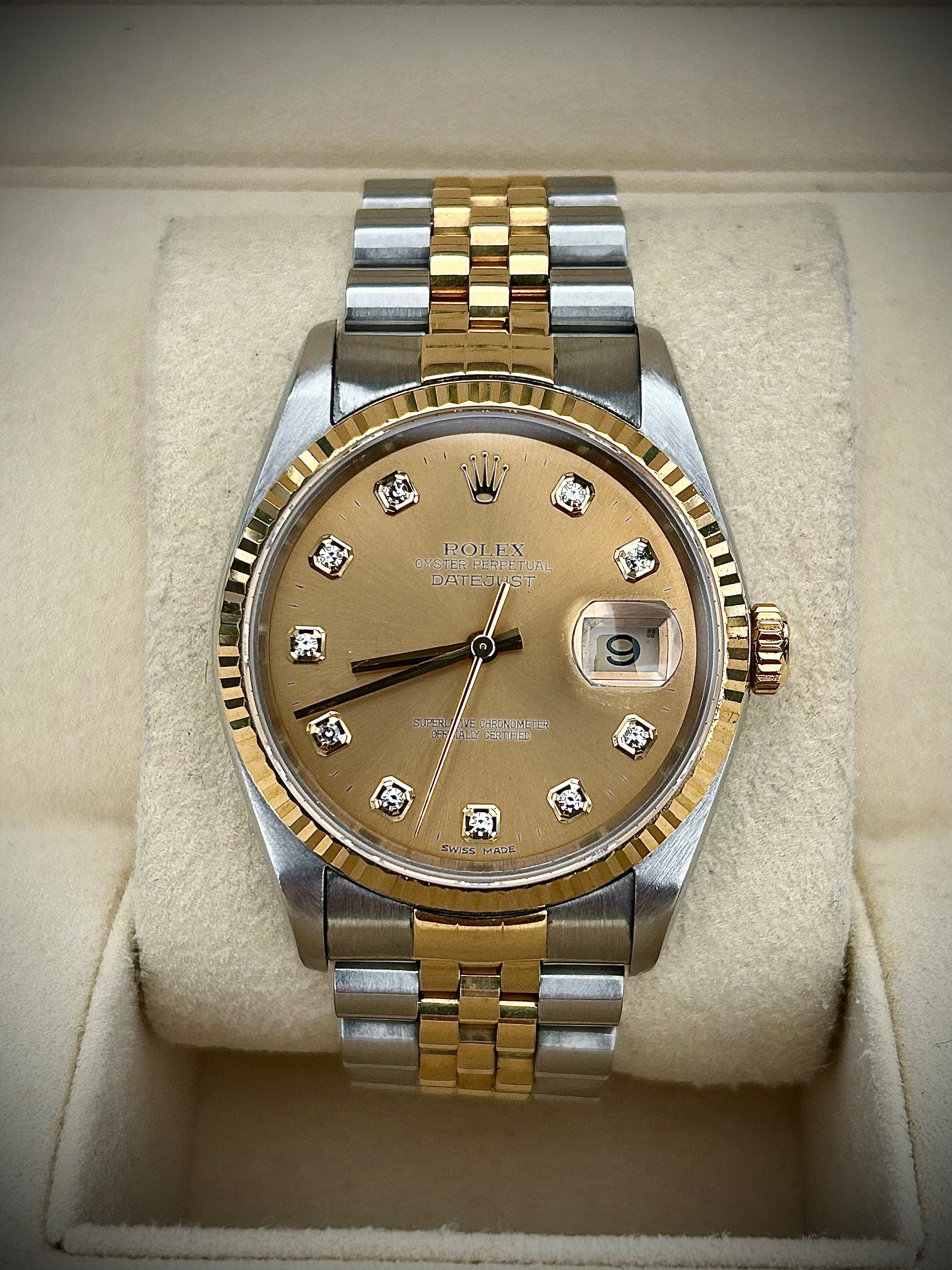 1991 ROLEX DATEJUST 36, TWO TONE, DIAMOND DIAL, 16233, WATCH ONLY, INC GST