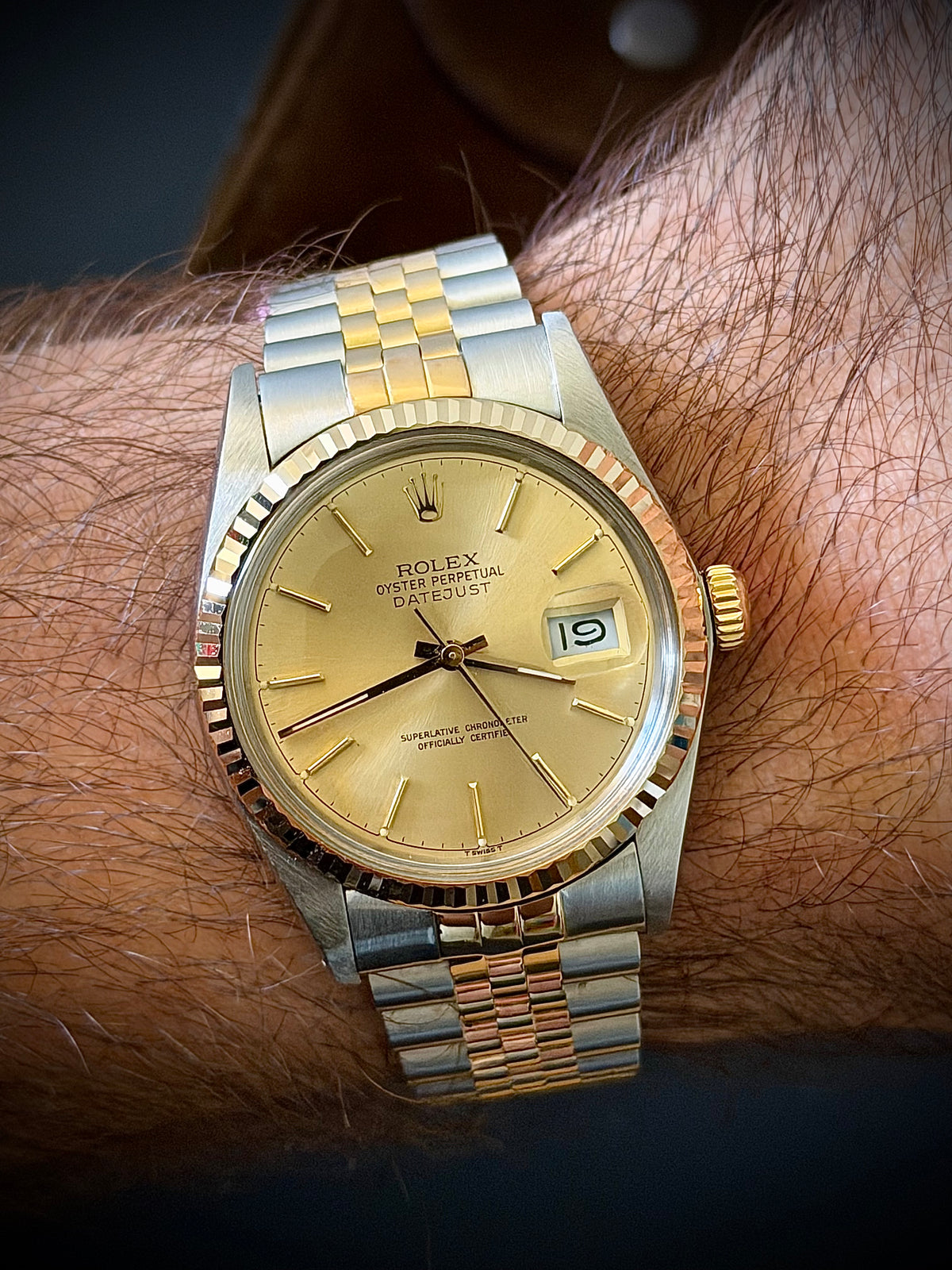 1987 ROLEX DATEJUST 36, 16013, CHAMPAGNE DIAL, FLUTED BEZEL, JUBILEE BRACELET, WATCH ONLY, INC GST