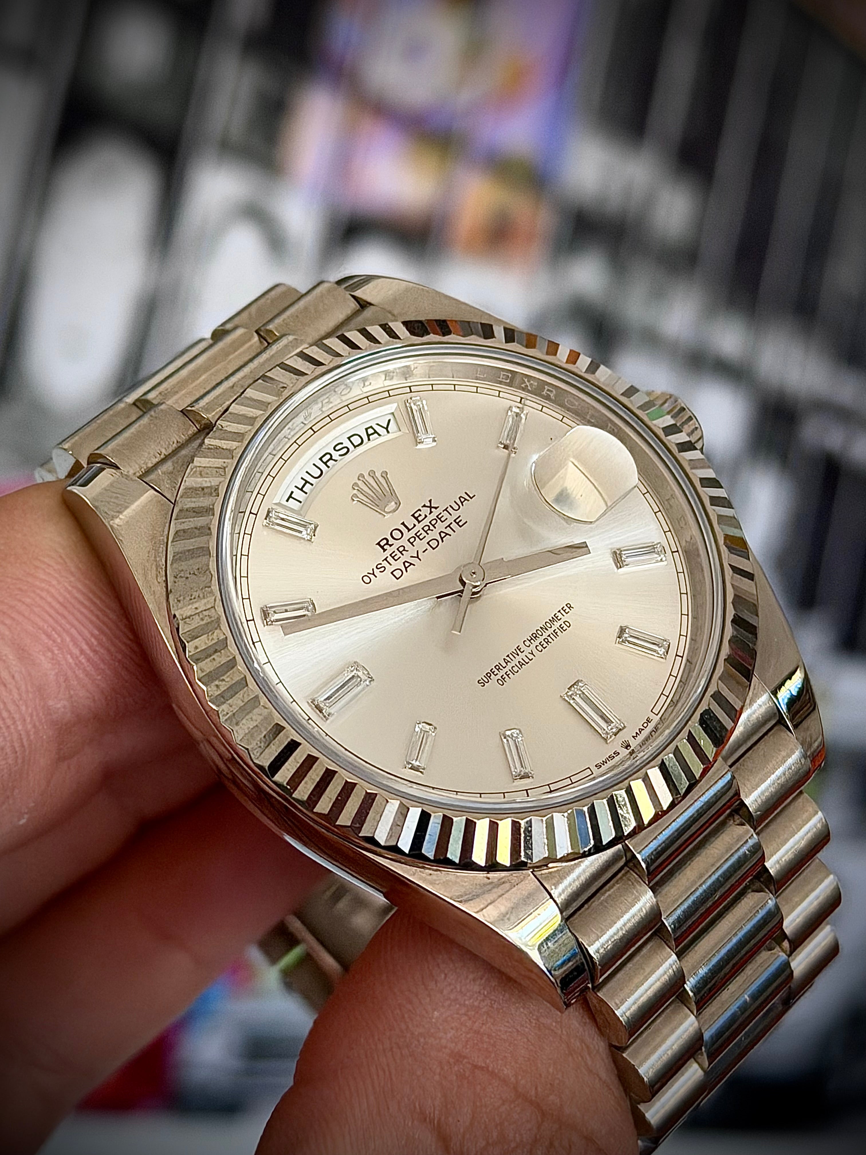 2020 ROLEX DAY-DATE 40, 228239, SILVER DIAMOND BAGUETTE DIAL, FULL SET, INC GST