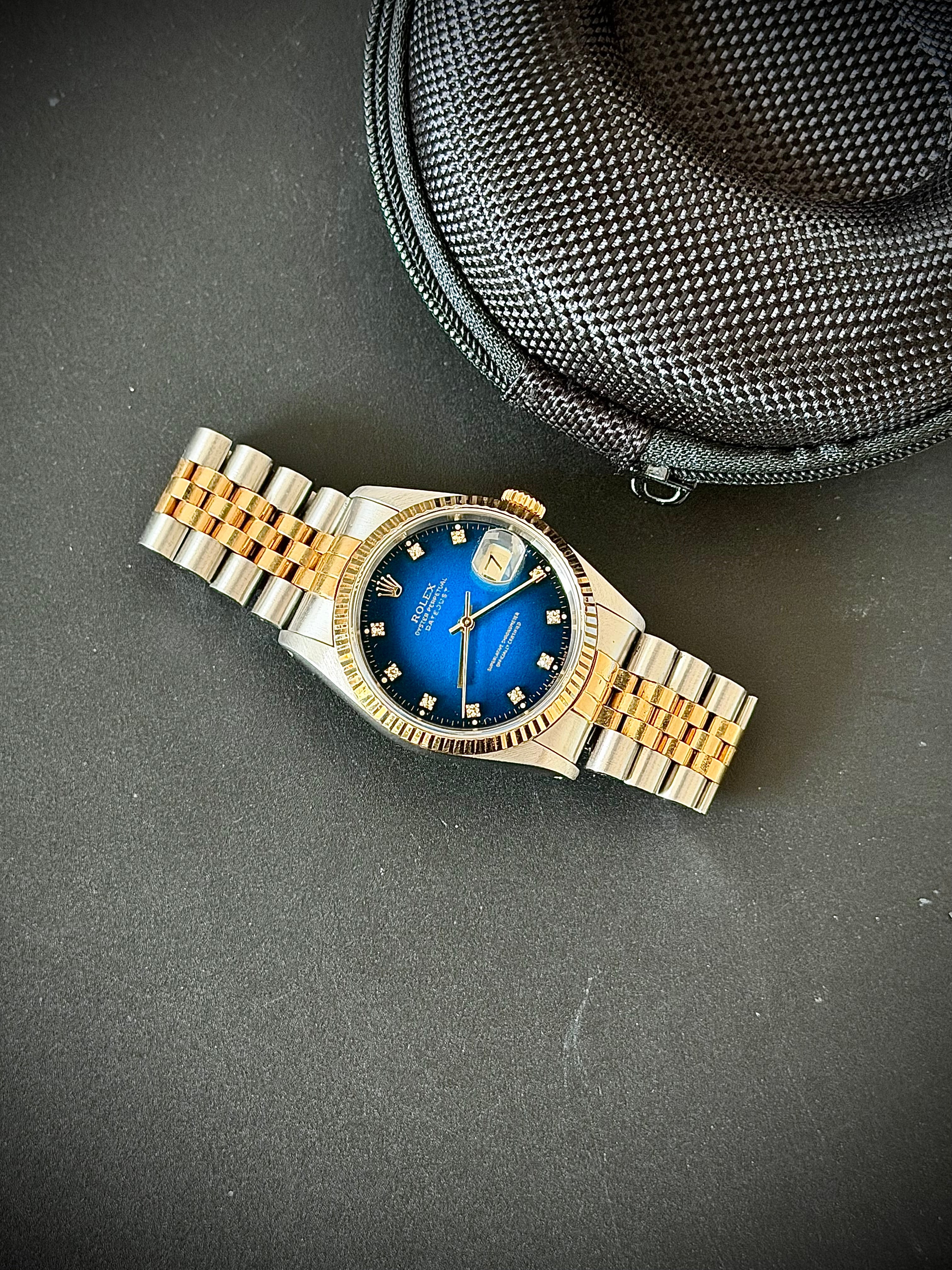 1991 ROLEX DATEJUST 36, TWO TONE, BLUE VIGNETTE DIAMOND DIAL, 16233, WATCH ONLY, INC GST