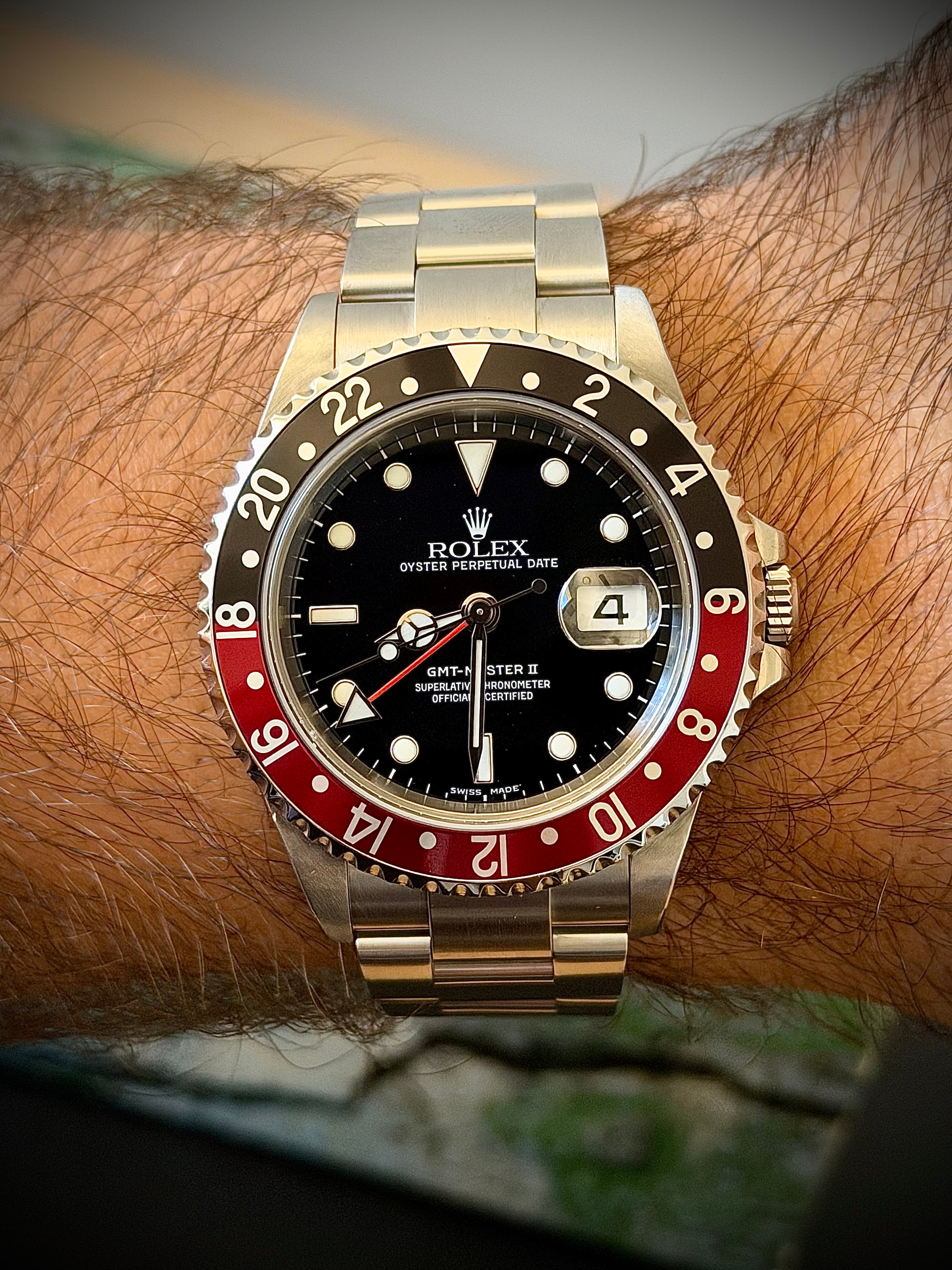 2005 ROLEX GMT-MASTER II “COKE”, NO HOLES, SEL, 16710, FULL SET, INC GST