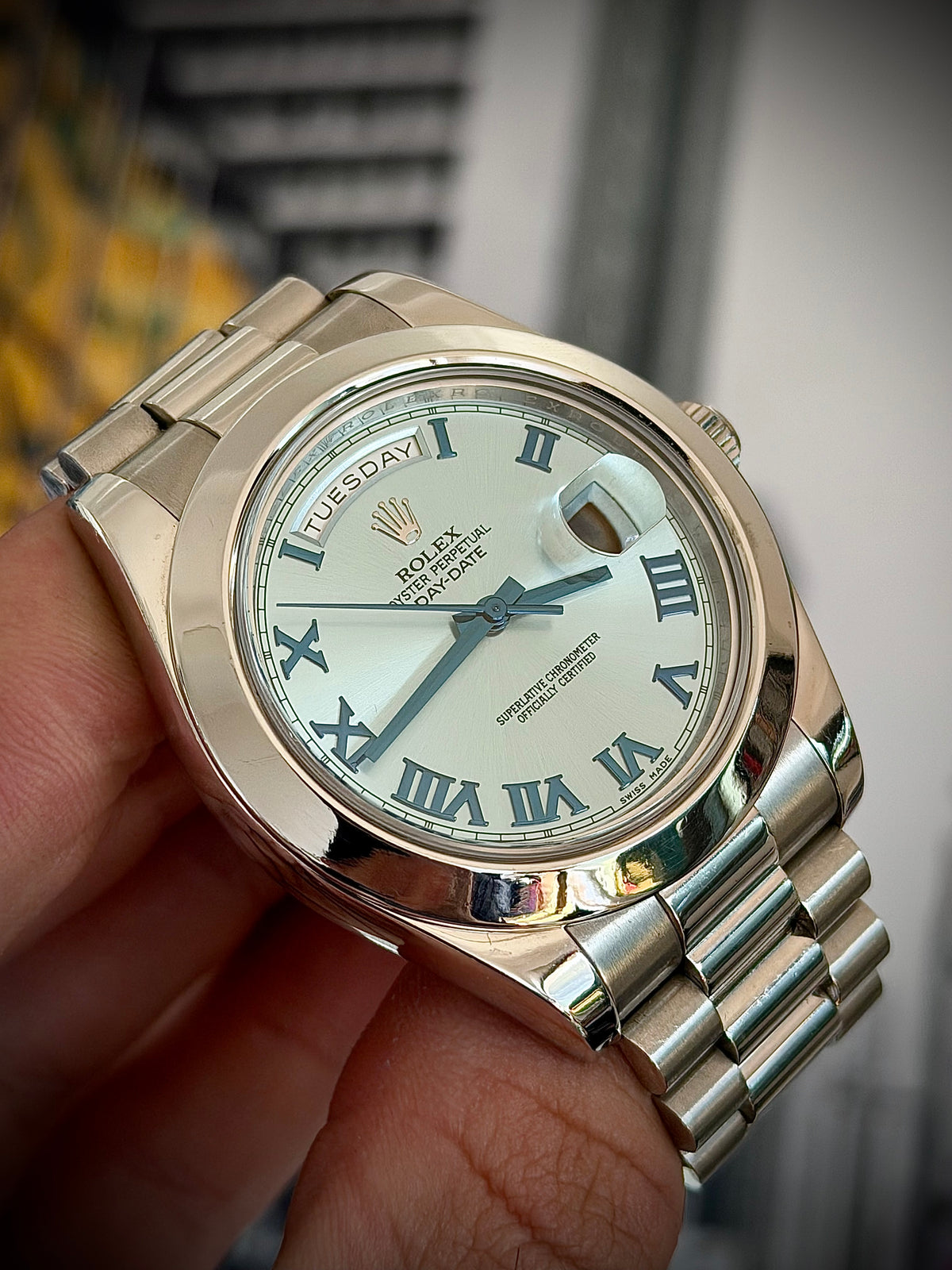 2014 ROLEX DAY-DATE II, 218206, PLATINUM, BLUE ROMAN DIAL, BOX & PAPERS, EXCELLENT CONDITION, INC GST