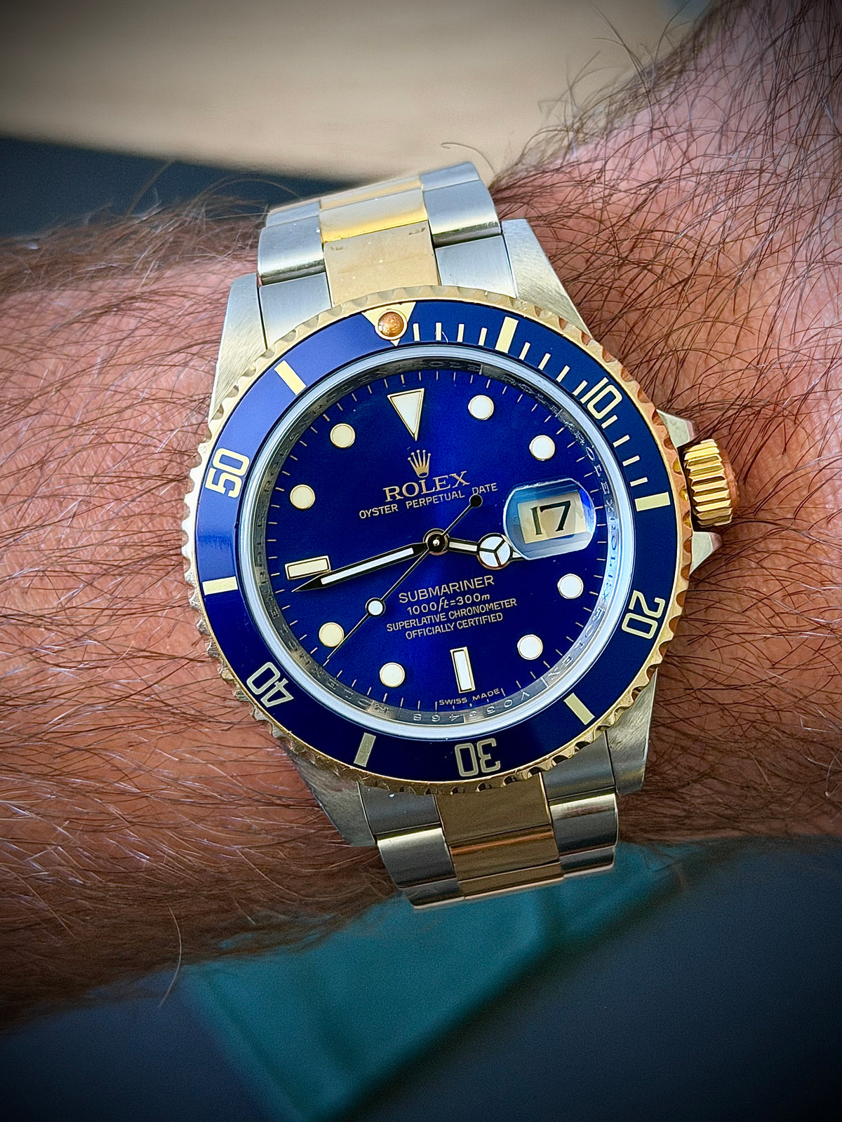2009 ROLEX SUBMARINER DATE “BLUESY”, 16613LB, ENGRAVED REHAUT, NO HOLES CASE, SOLID END LINKS, WATCH ONLY, INC GST