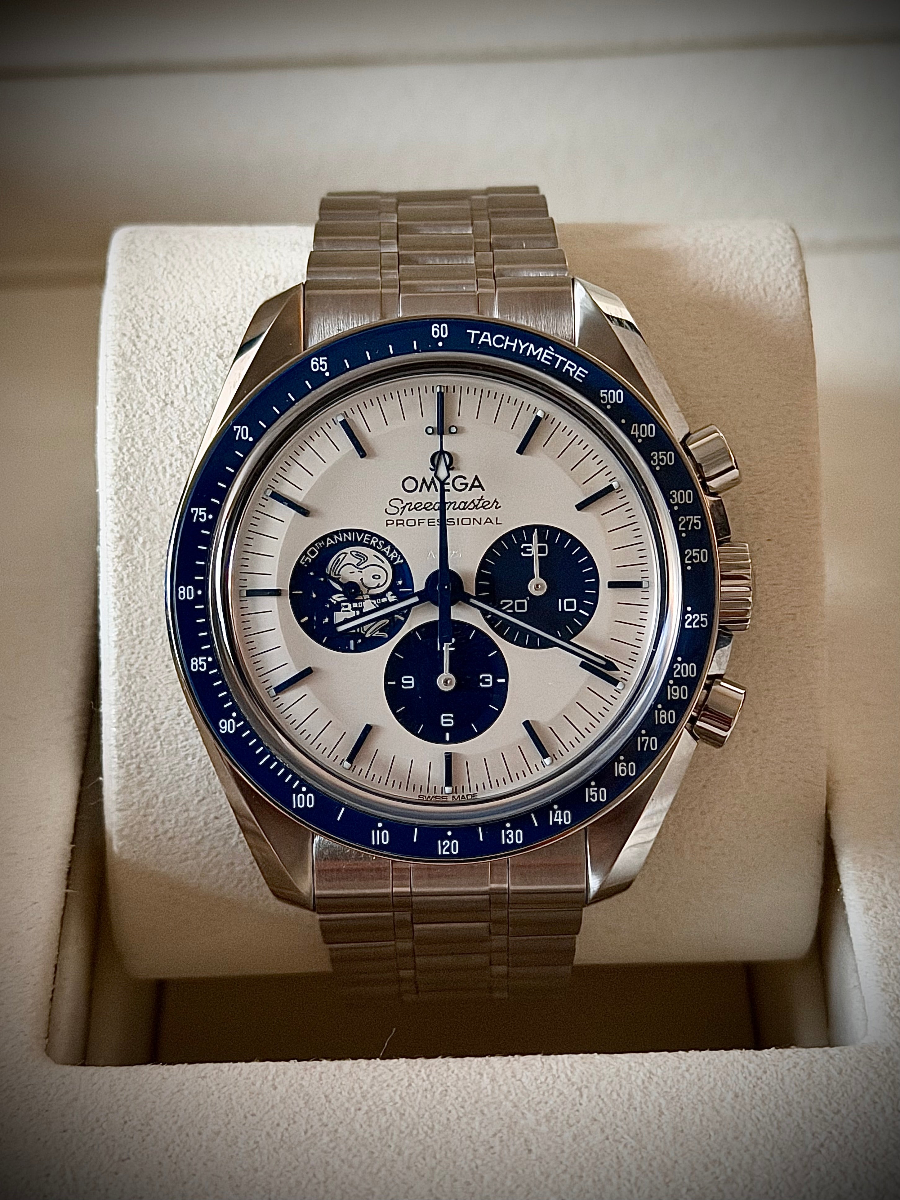 2022 OMEGA SPEEDMASTER SILVER SNOOPY ON BRACELET, FULL SET, INC GST