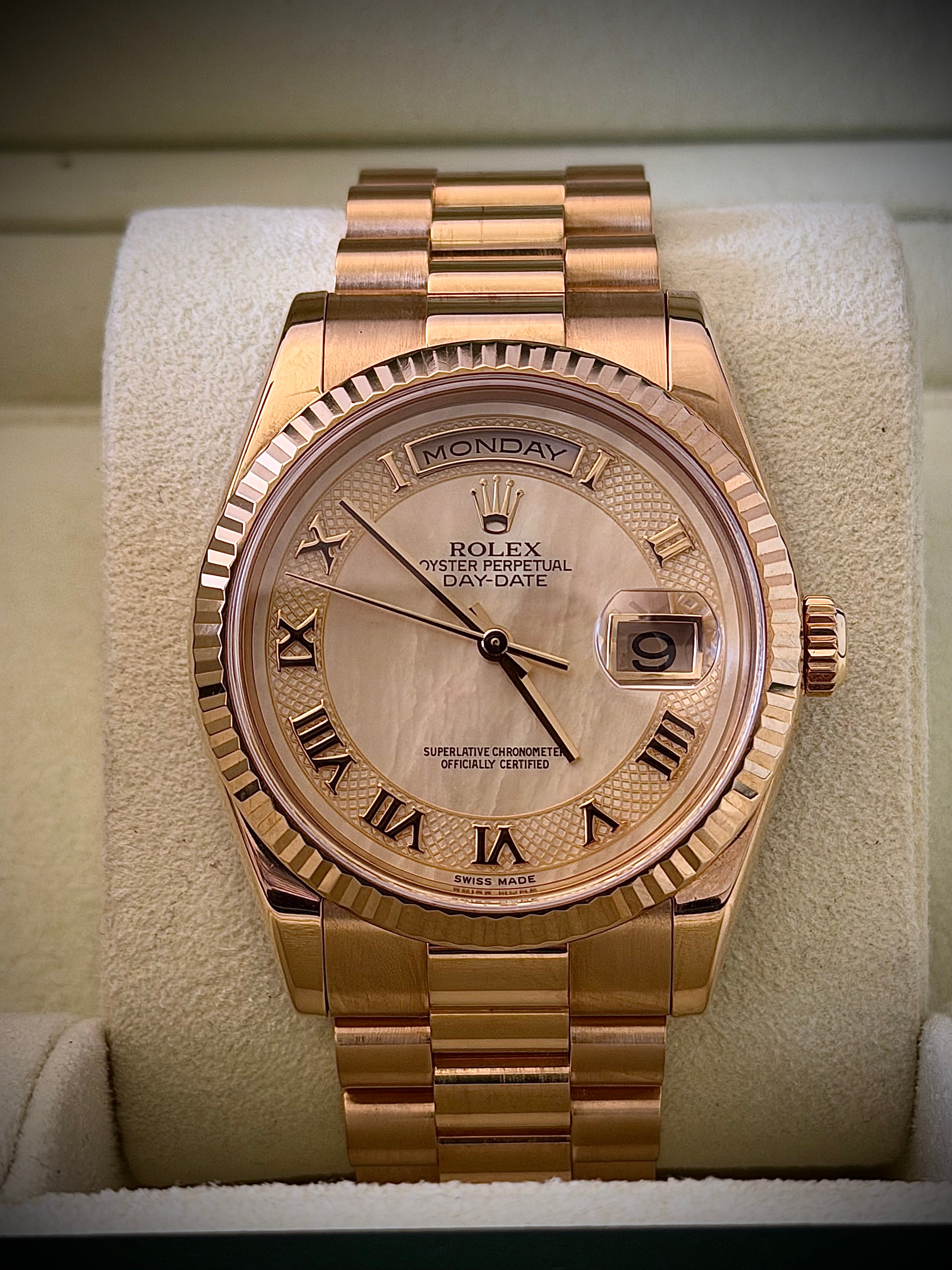 2001 ROLEX DAY-DATE PRESIDENT, 118238, FACTORY SECTOR MOTHER OF PEARL DIAL, BOX AND BOOKLETS W/ORIGINAL RECEIPT, INC GST