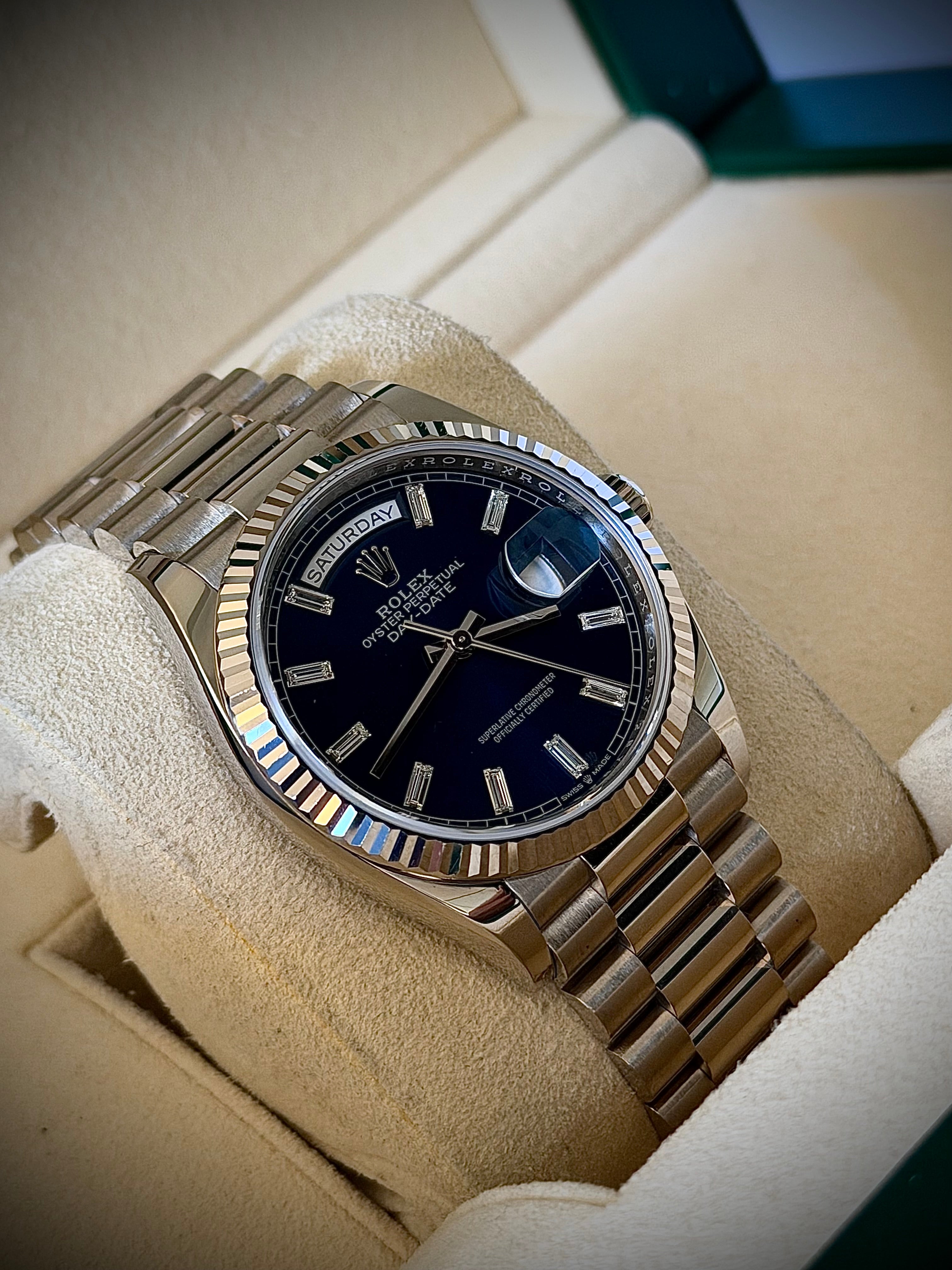 2024 ROLEX DAY-DATE 36, 128239, BLUE BAGUETTE DIAMOND DIAL, FULL SET, INC GST