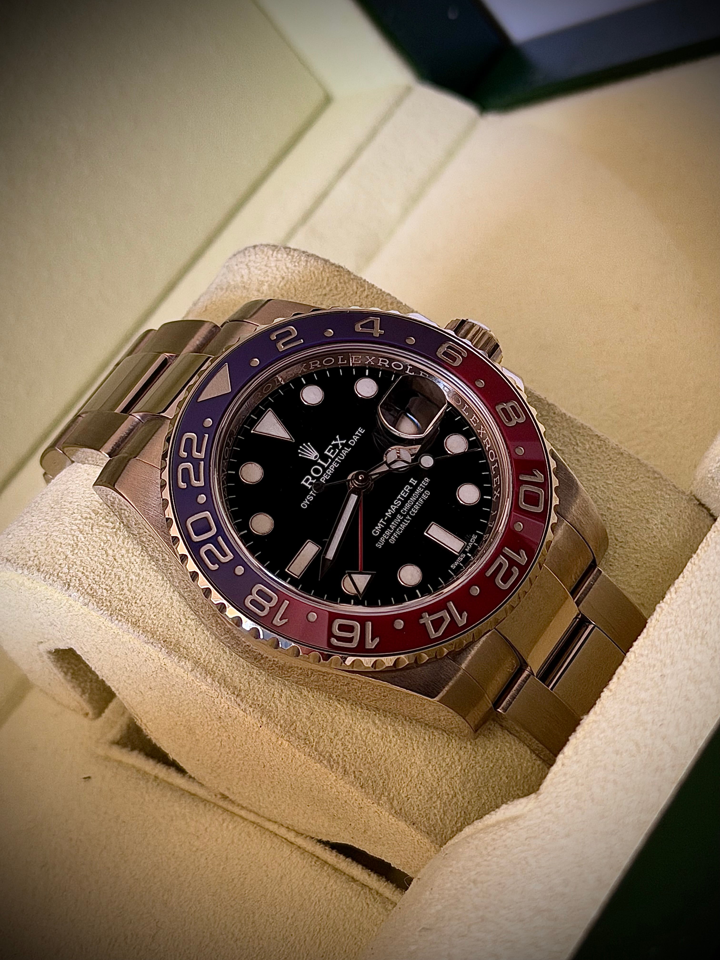 2015 ROLEX GMT MASTER II, PEPSI, WHITE GOLD, BLACK DIAL, 116719BLRO, BOX AND PAPERS, INC GST