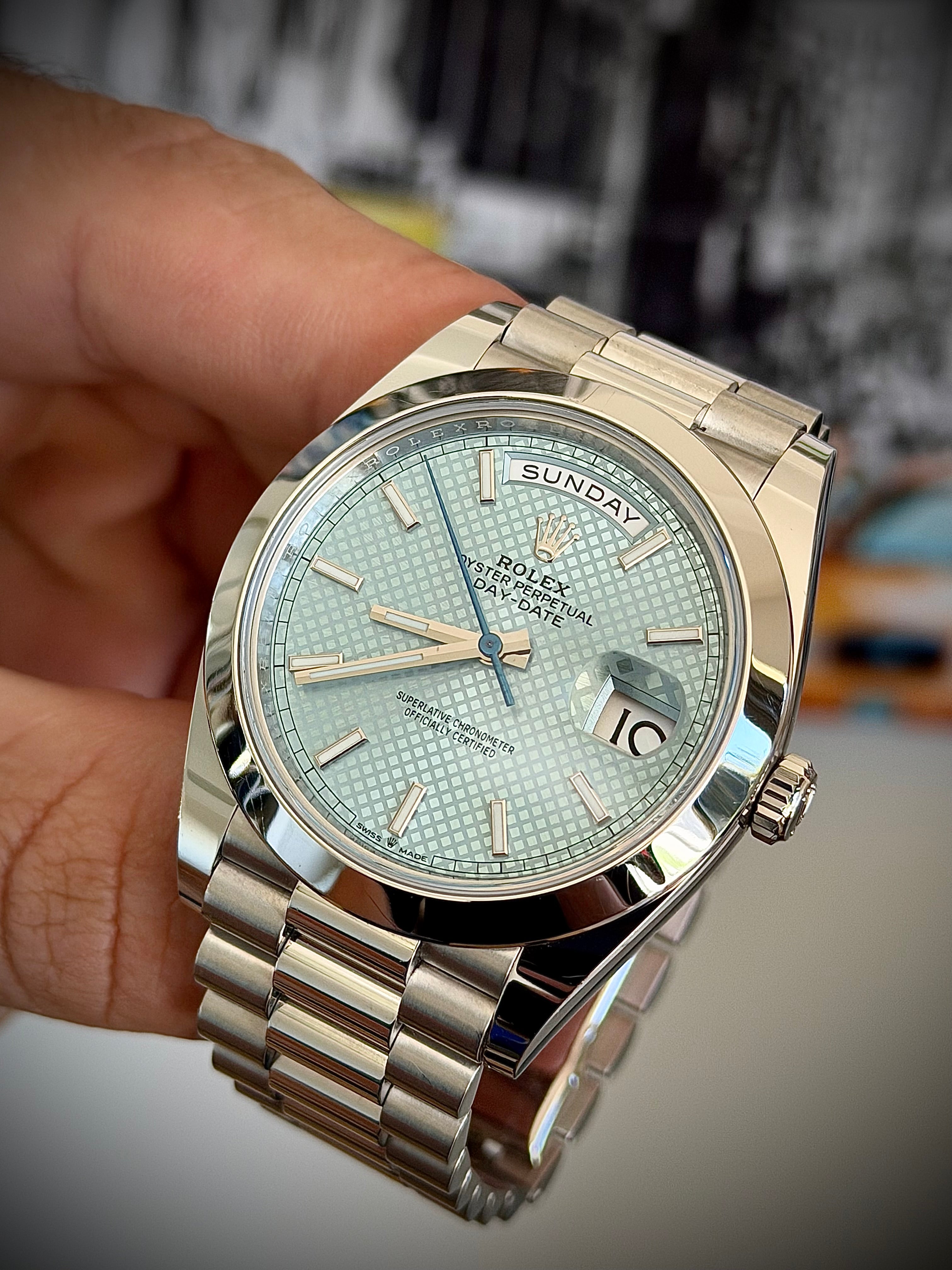 2021 ROLEX DAY DATE 40, 228206, ICE BLUE MOTIF DIAL, FULL SET, INC GST