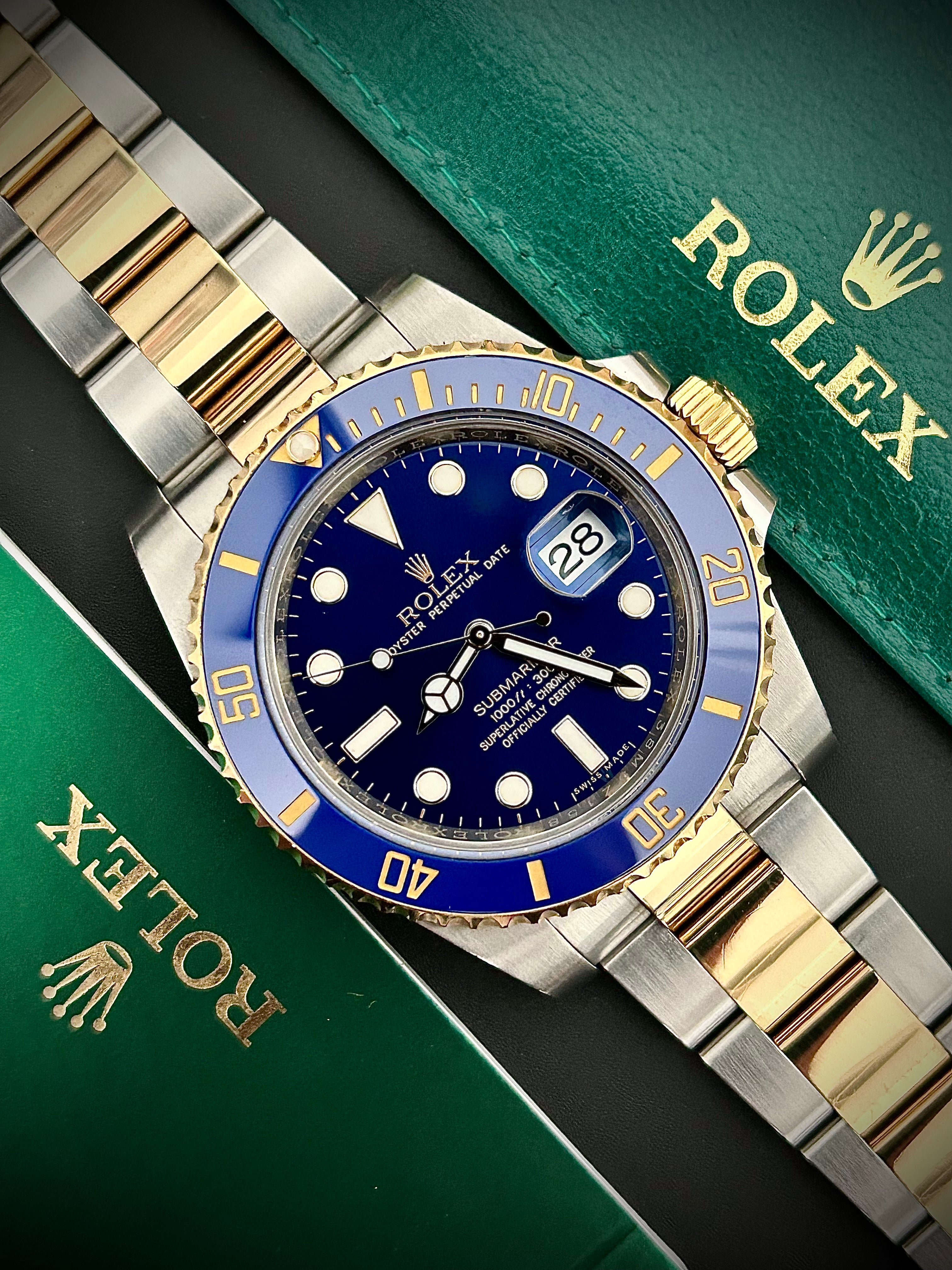 2016 ROLEX SUBMARINER BLUESY 116613LB, BOX AND PAPERS, INC GST