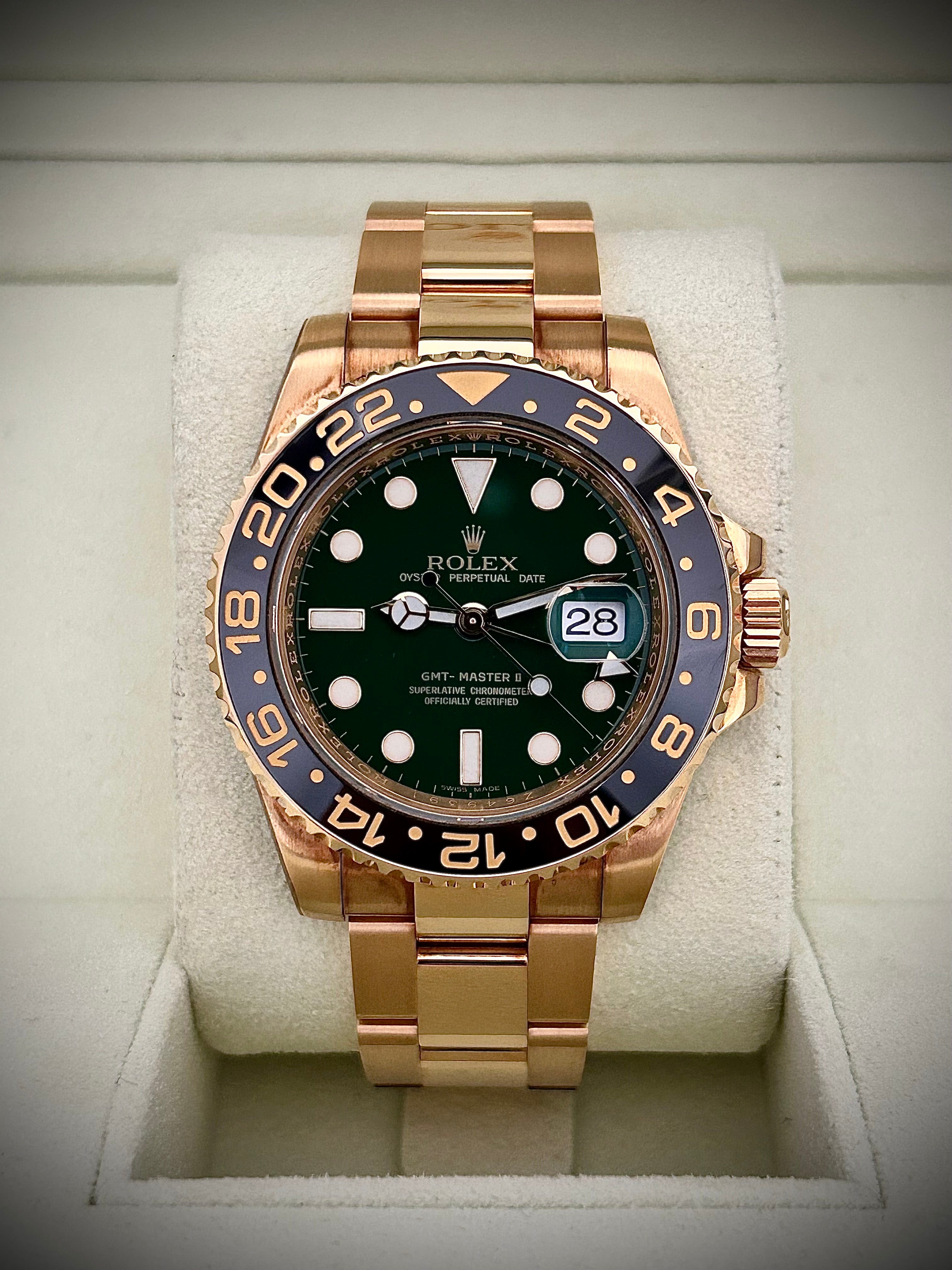 2007 ROLEX GMT MASTER II, GREEN MONEY DIAL RSC SERVICE, 116718LN , FULL COLLECTORS SET, INC GST