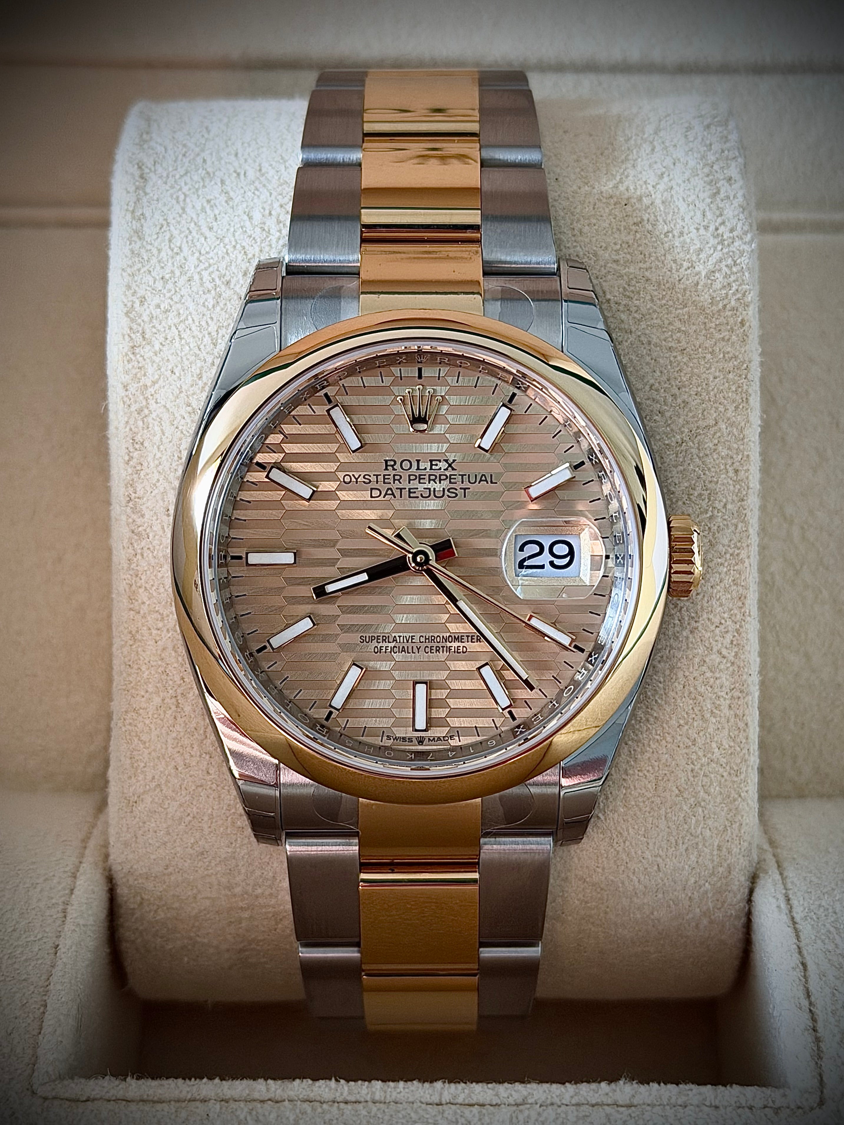 2022 ROLEX DATEJUST 36 TWO TONE, BRAND NEW FACTORY STICKERED, CHAMPAGNE MOTIF DIAL, 126203, FULL SET, INC GST