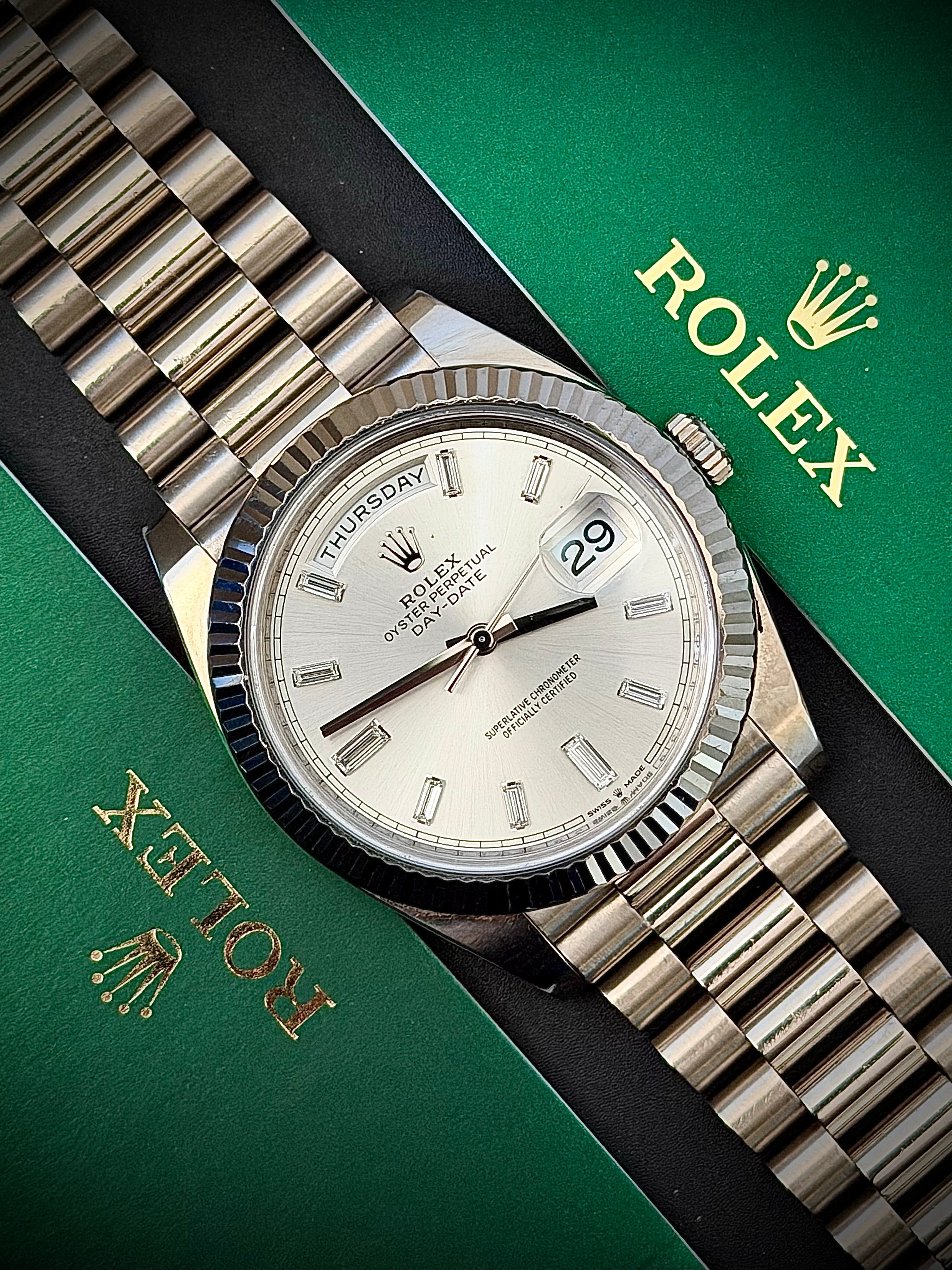 2020 ROLEX DAY-DATE 40, 228239, SILVER DIAMOND BAGUETTE DIAL, FULL SET, INC GST