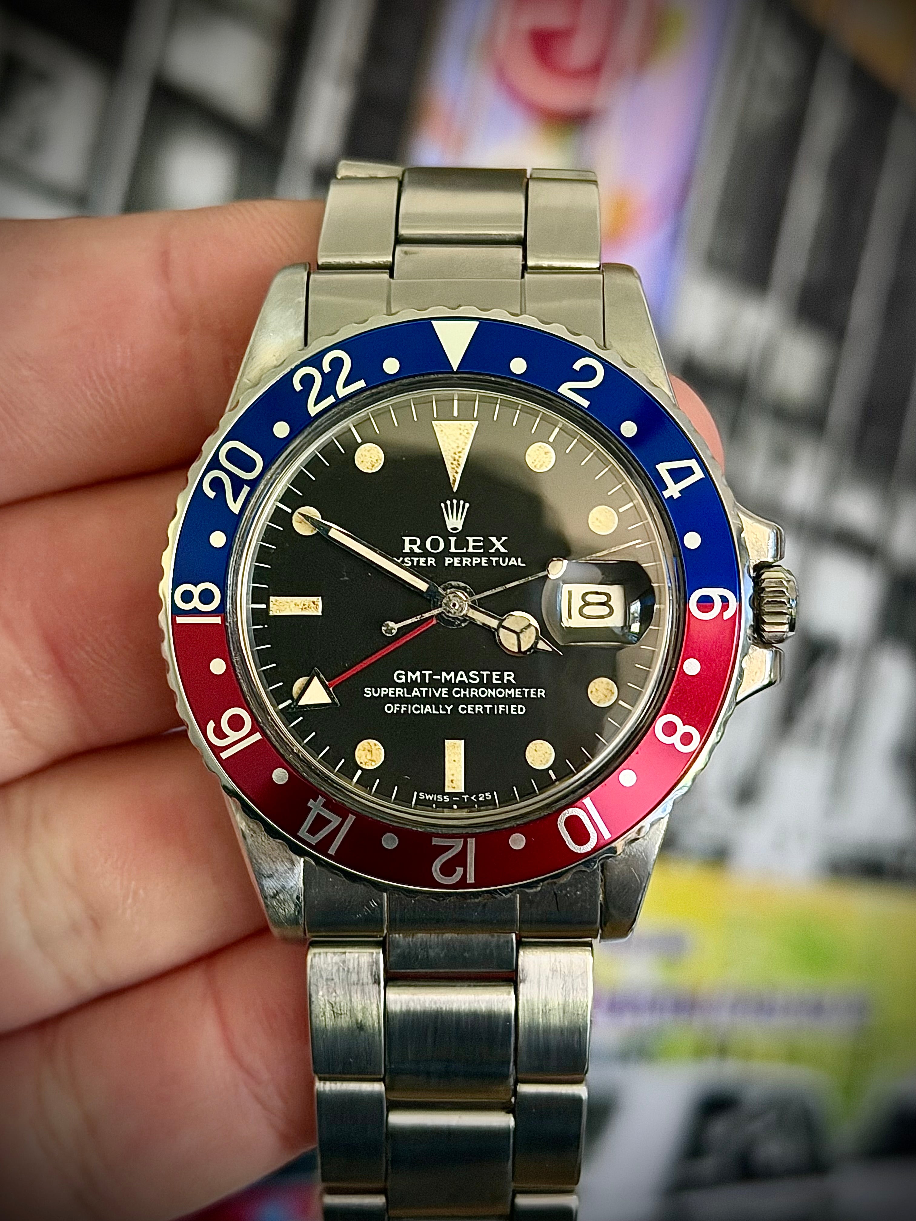CIRCA 1972 ROLEX GMT-MASTER, 1675 PEPSI, LONG E DIAL, WATCH & BOX, FULLY SERVICED, INC GST