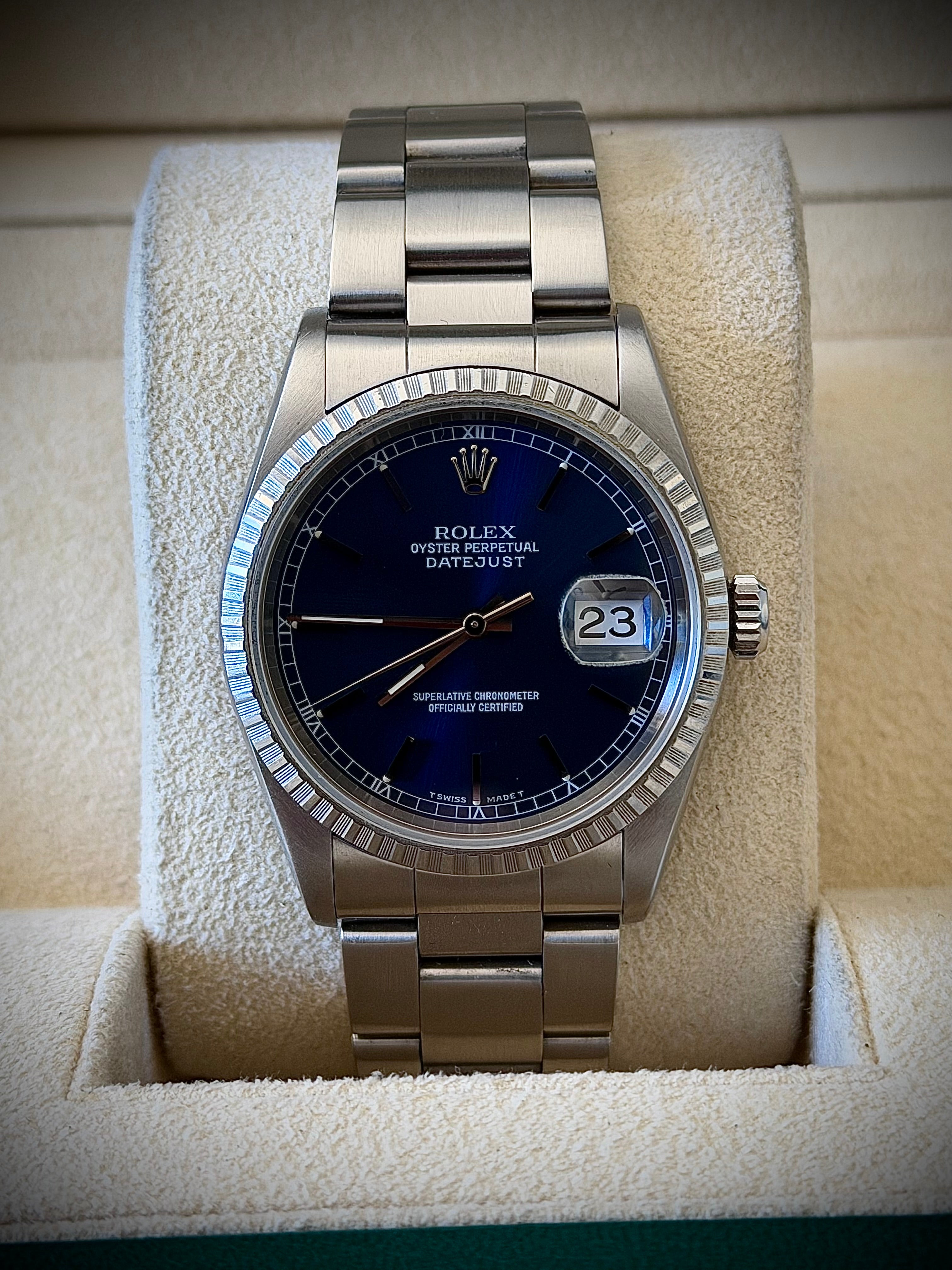 1997 ROLEX DATEJUST 36, 16220, BLUE DIAL, ENGINE-TURNED BEZEL, BOX & PAPERS, INC GST