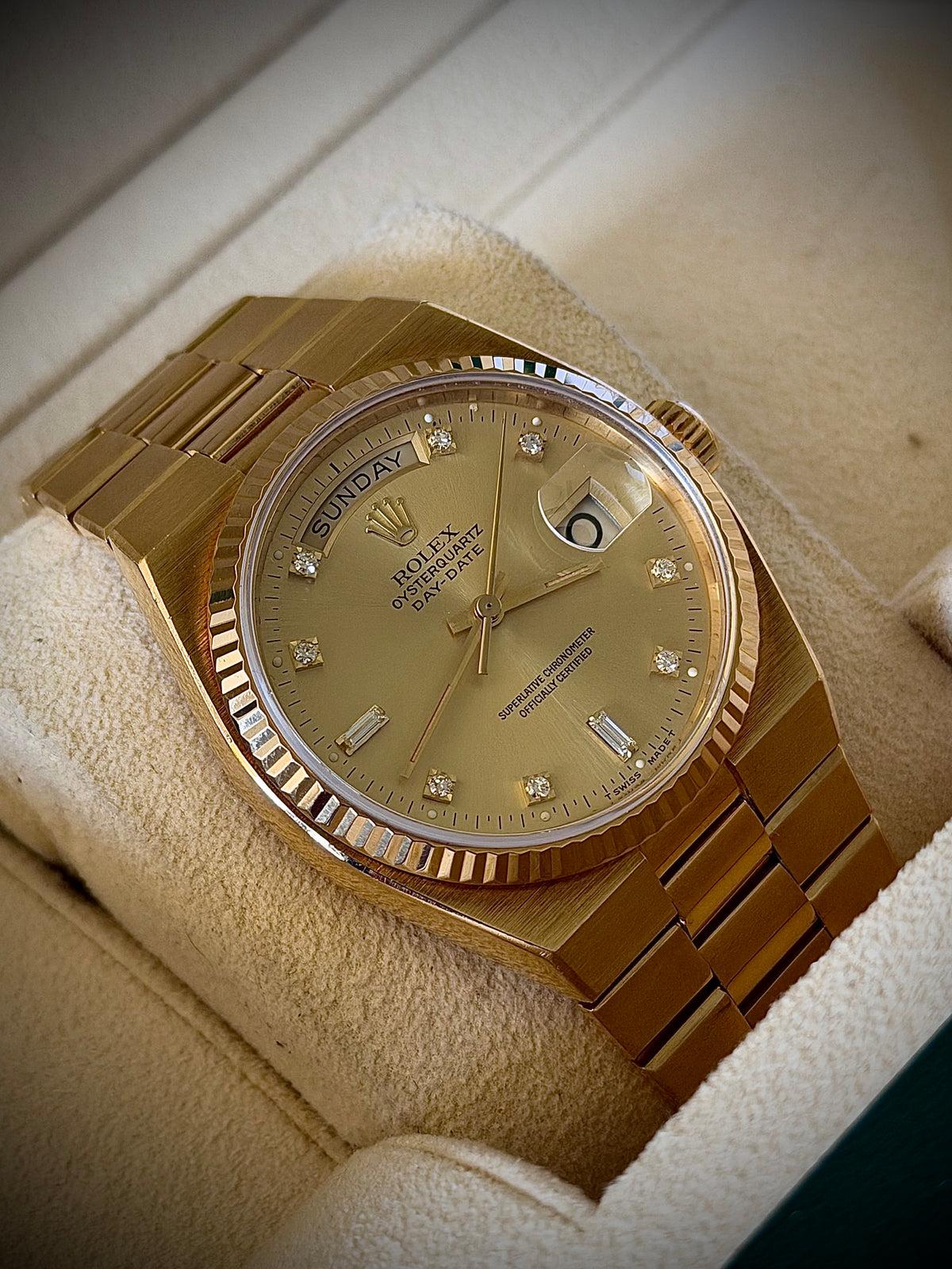 1978 ROLEX OYSTERQUARTZ DAY-DATE 36, 19018, CHAMPAGNE DIAMOND DIAL, 18CT YELLOW GOLD, WATCH ONLY, INC GST