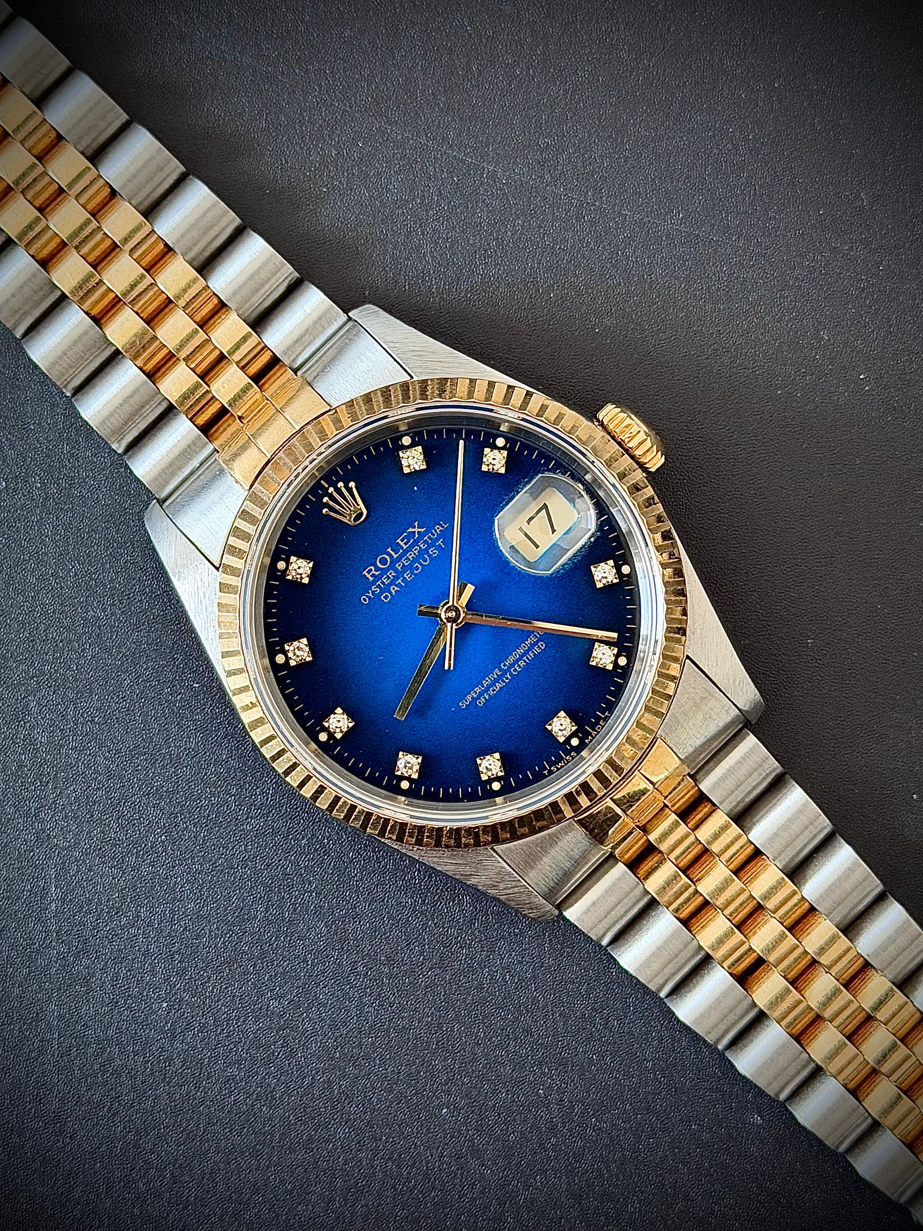 1991 ROLEX DATEJUST 36, TWO TONE, BLUE VIGNETTE DIAMOND DIAL, 16233, WATCH ONLY, INC GST