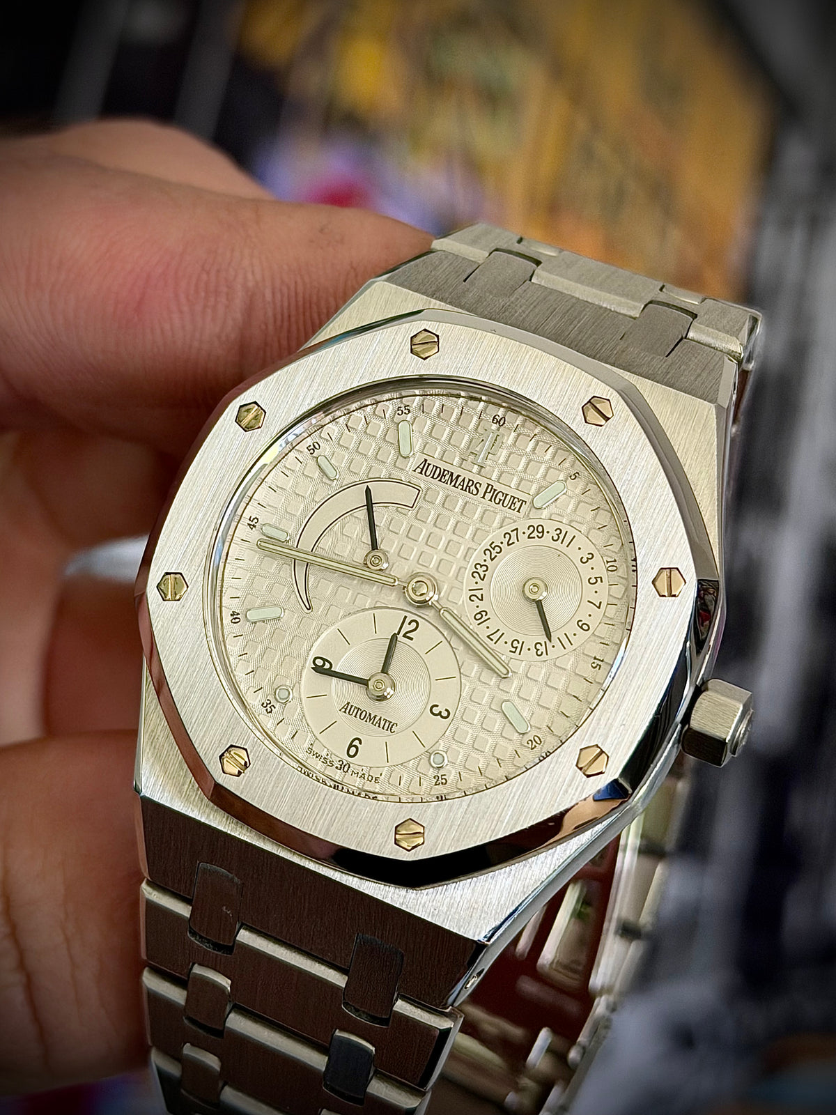 2004 AUDEMARS PIGUET ROYAL OAK DUAL TIME, 25730ST, WHITE DIAL, WATCH & BOX, NEAR MINT, INC GST