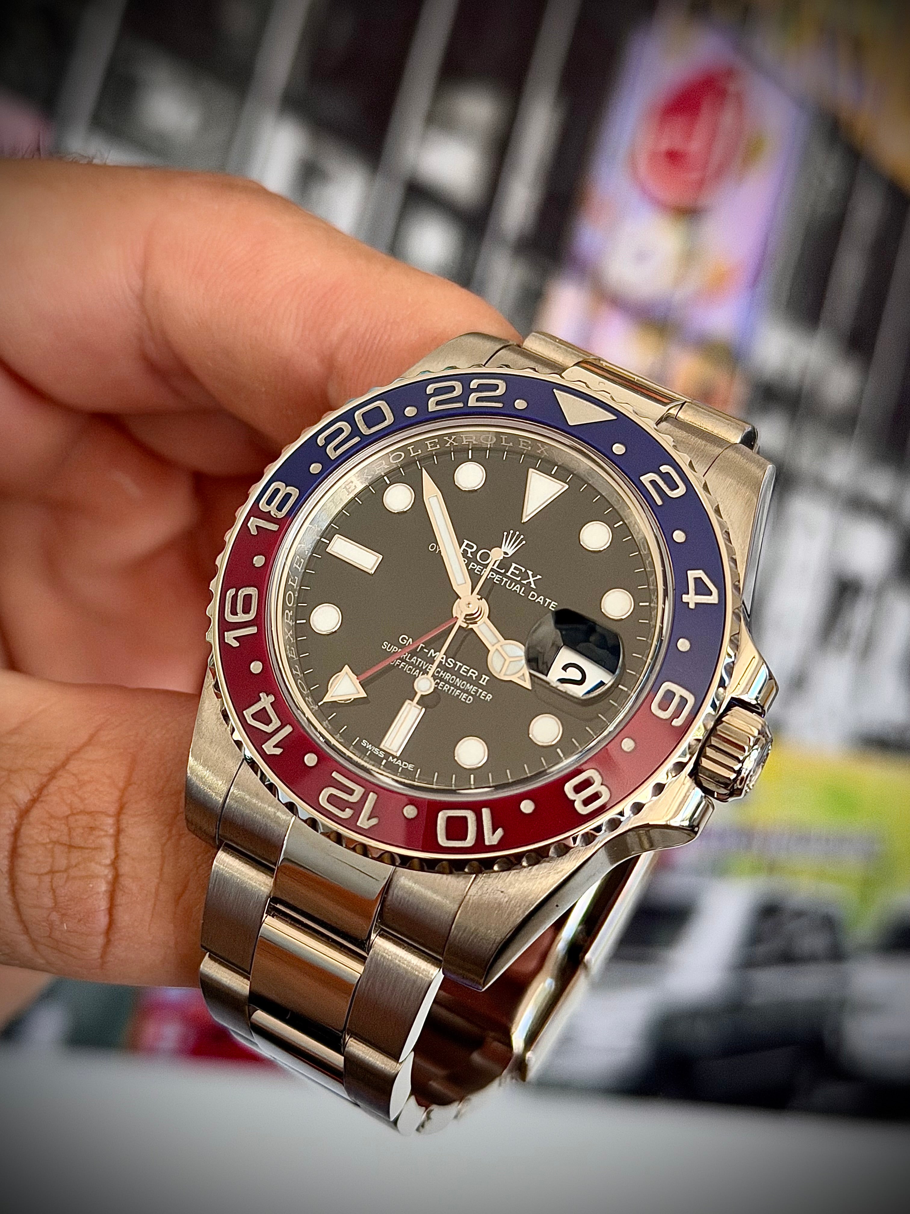 2017 ROLEX GMT MASTER II, PEPSI, WHITE GOLD, BLACK DIAL, 116719BLRO, FULL SET, INC GST