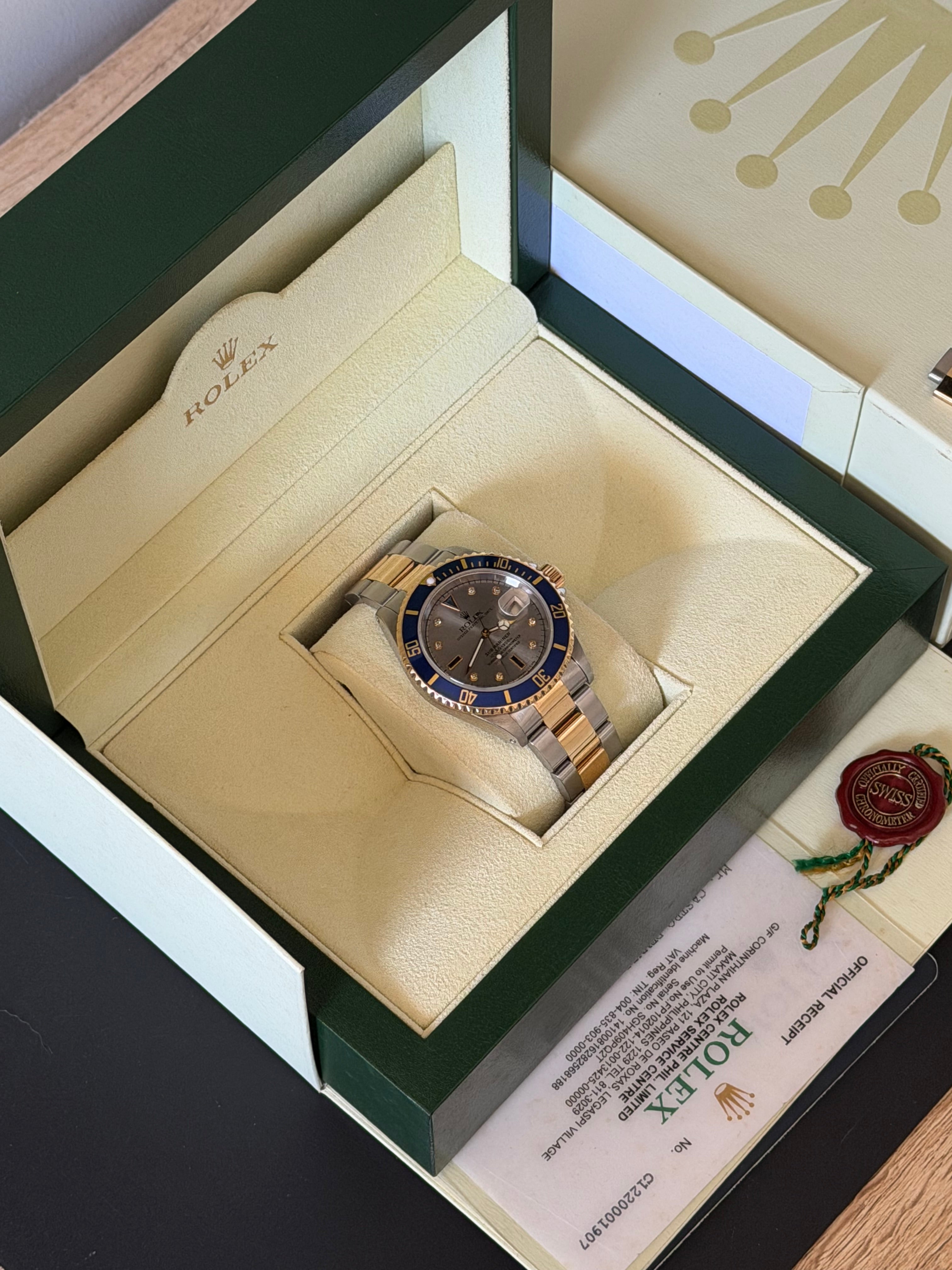1996 ROLEX SUBMARINER, 16613, SERTI SILVER DIAMOND DIAL, BOX & 2020 RSC, INC GST