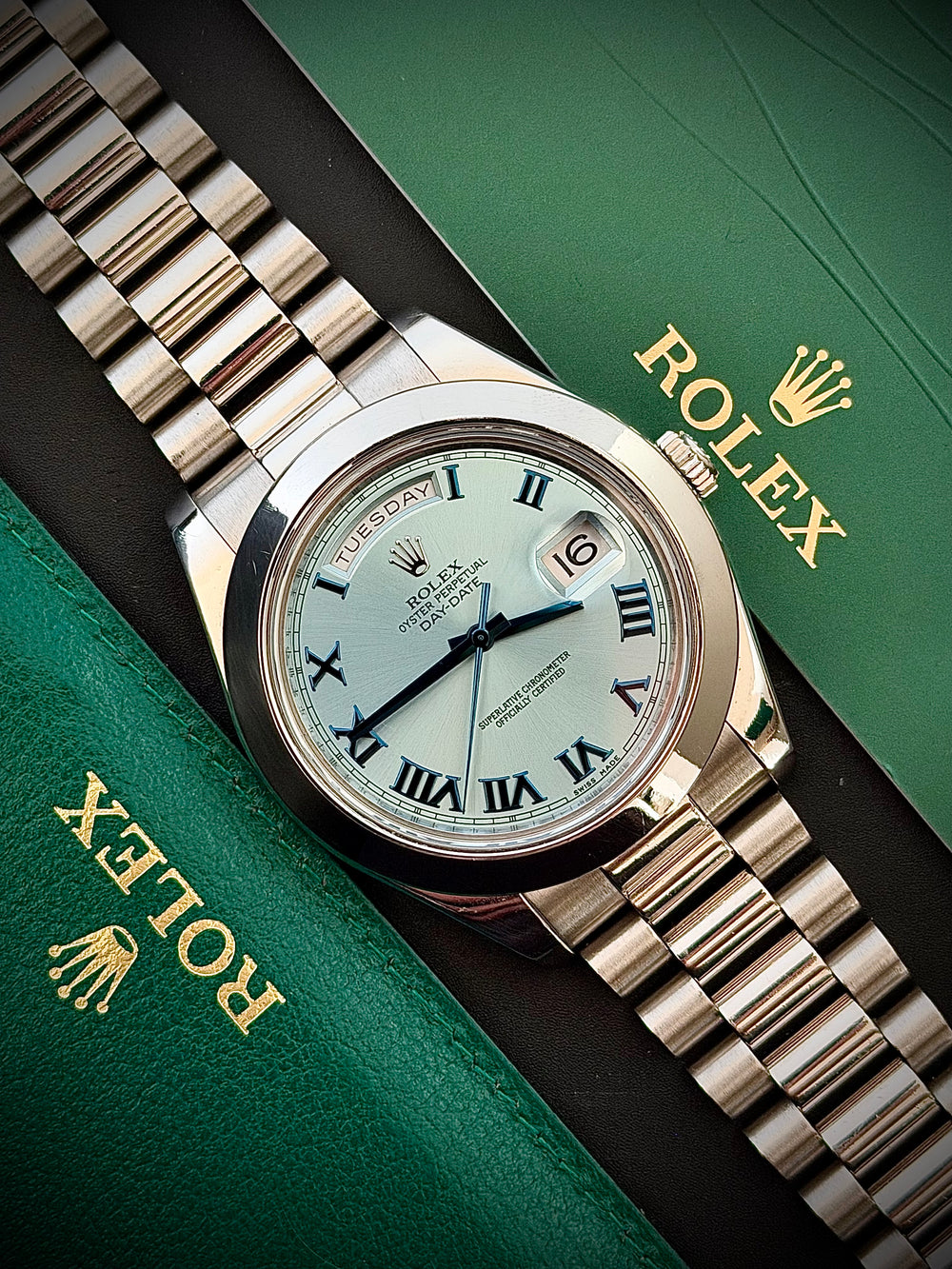 2014 ROLEX DAY-DATE II, 218206, PLATINUM, BLUE ROMAN DIAL, BOX & PAPER