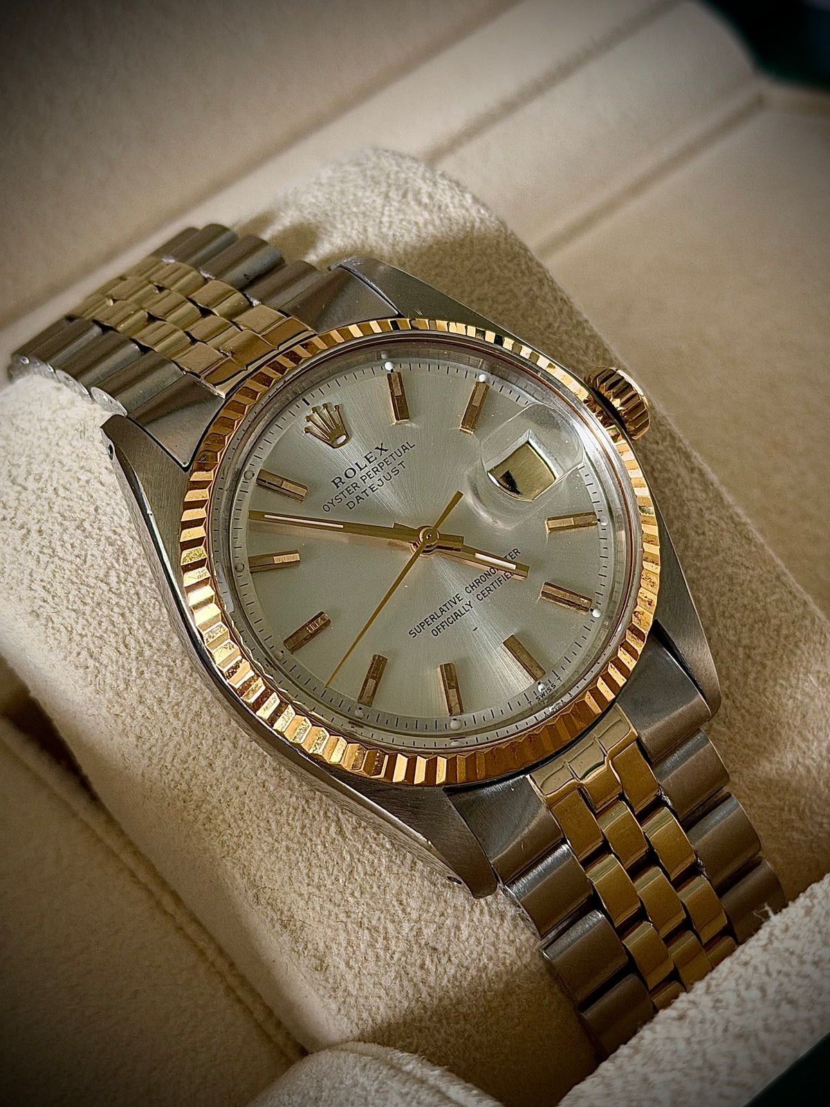 1975 ROLEX DATEJUST 36, 1601, TWO-TONE, PIE-PAN DIAL, FOLDED-LINK JUBILEE BRACELET, ROLEX SERVICE BOX, INC GST