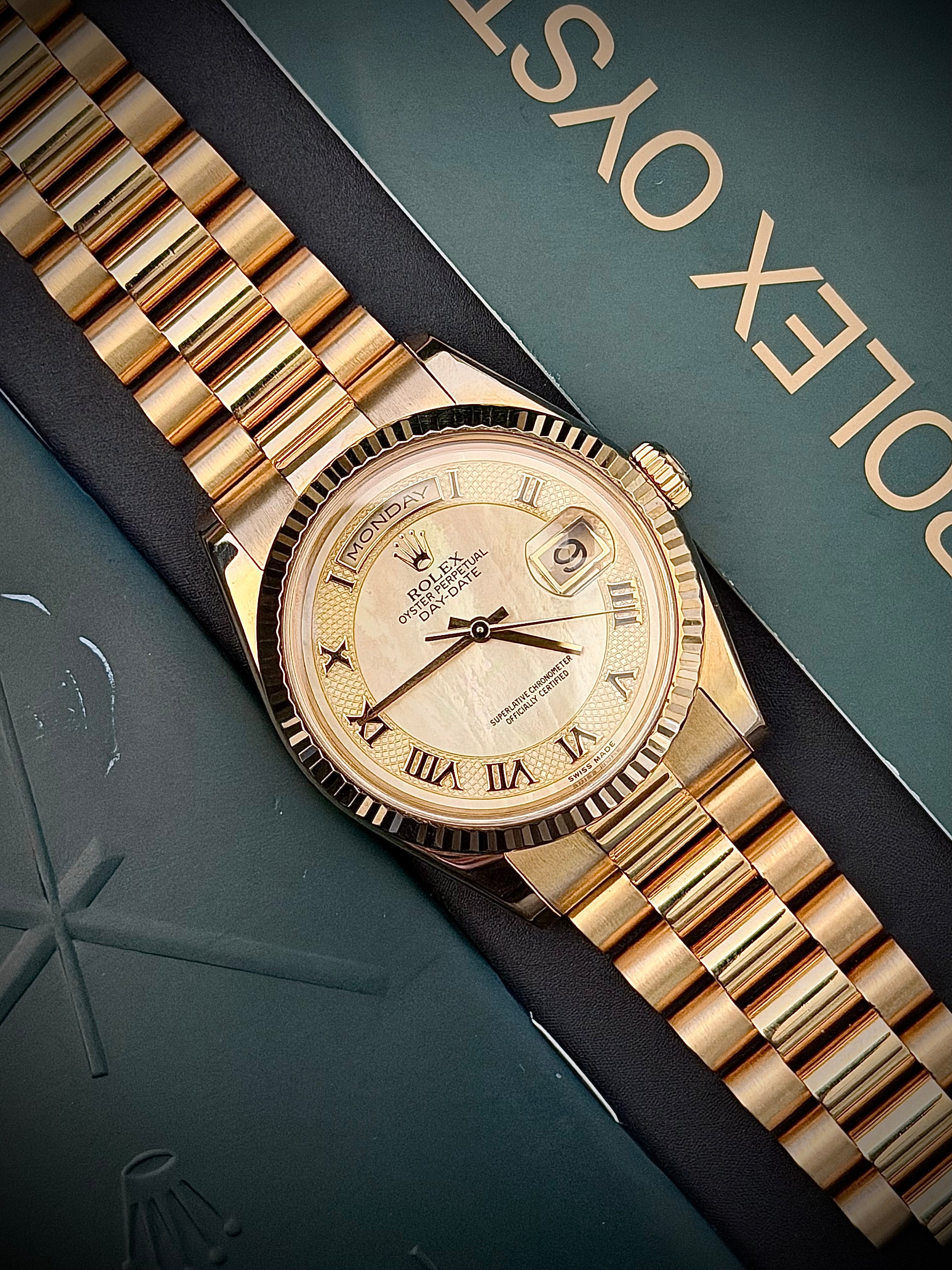 2001 ROLEX DAY-DATE PRESIDENT, 118238, FACTORY SECTOR MOTHER OF PEARL DIAL, BOX AND BOOKLETS W/ORIGINAL RECEIPT, INC GST