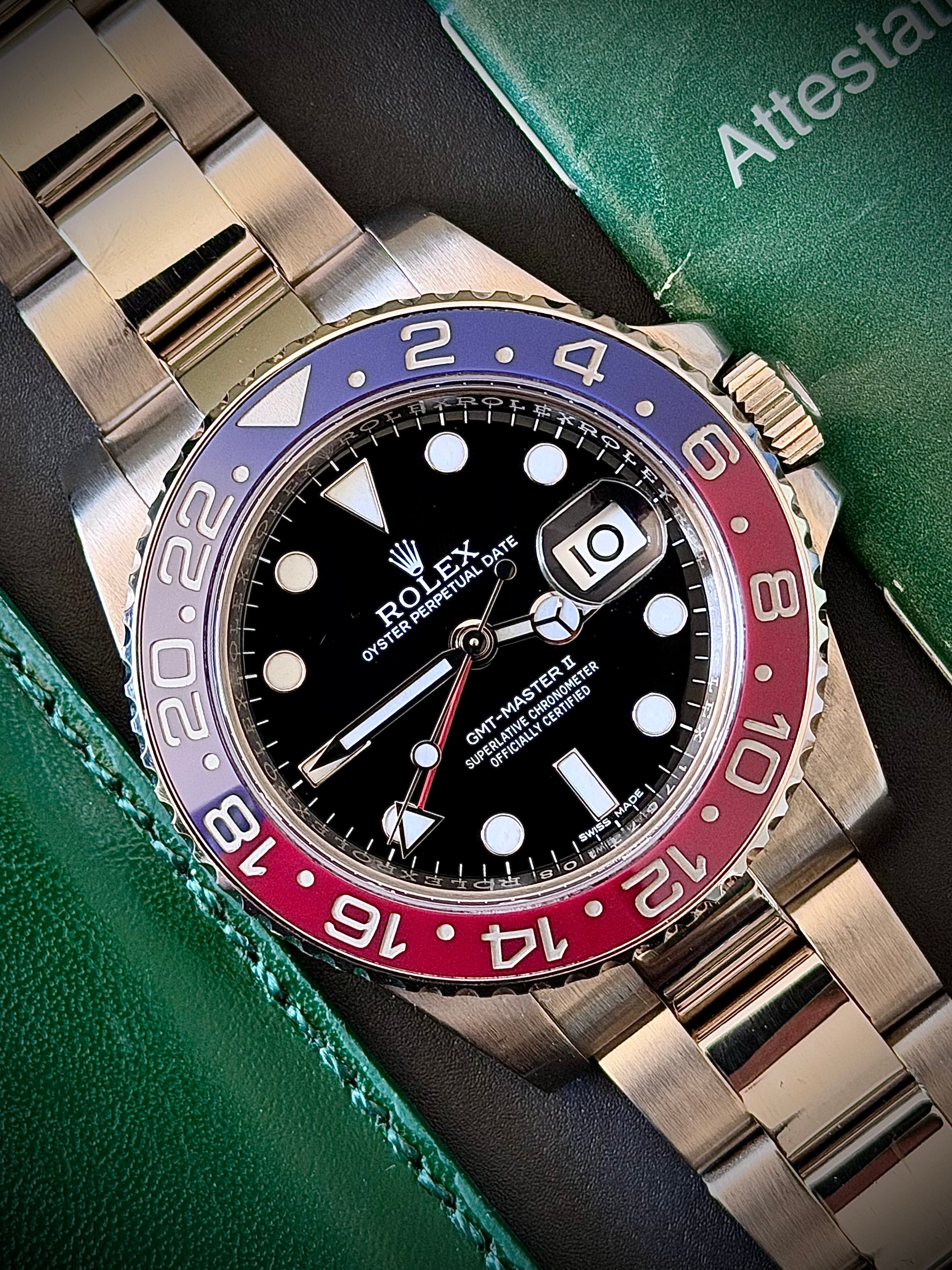 2015 ROLEX GMT MASTER II, PEPSI, WHITE GOLD, BLACK DIAL, 116719BLRO, BOX AND PAPERS, INC GST