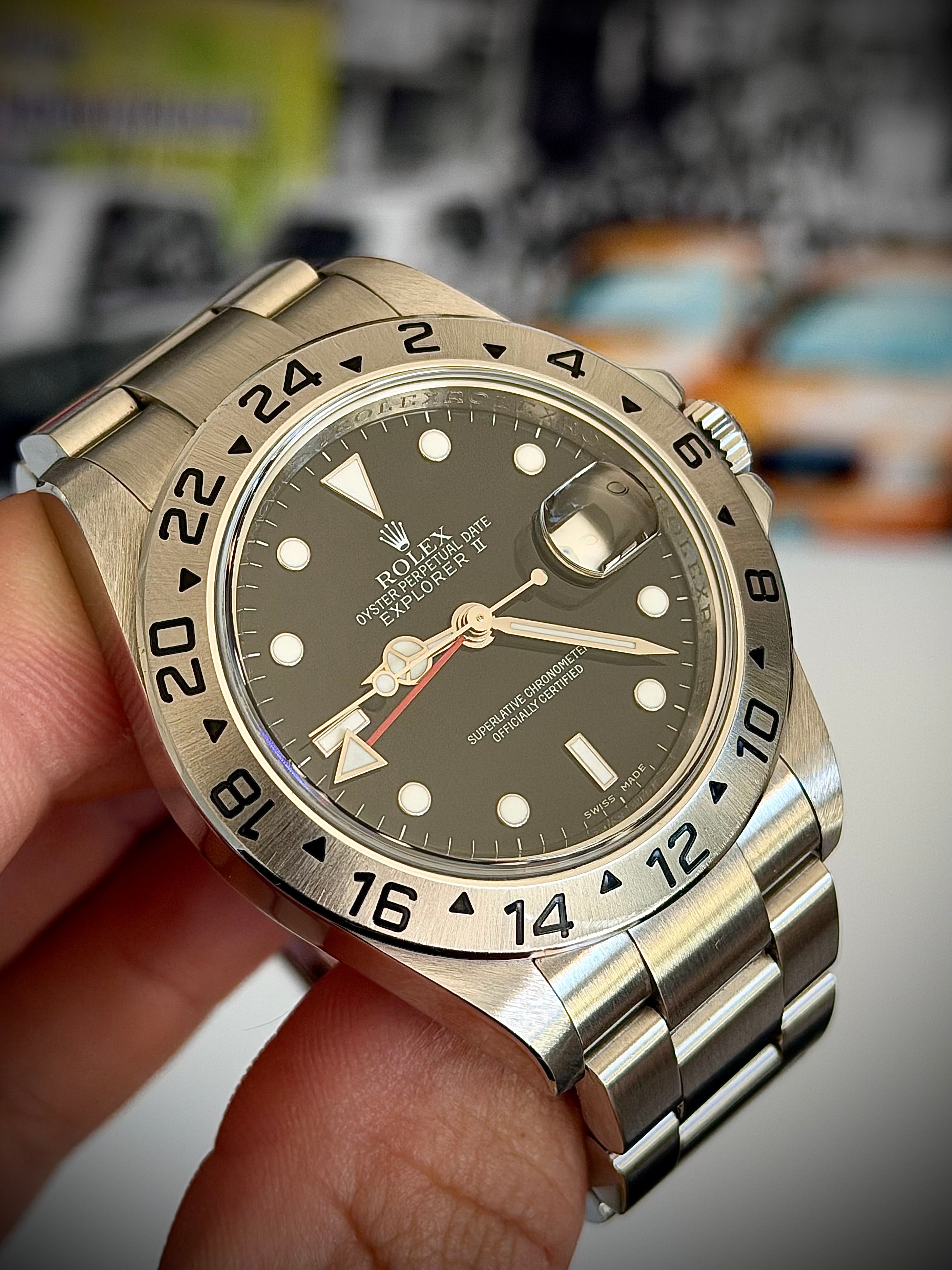 2007 ROLEX EXPLORER II, 16570, NO HOLES SEL, ENGRAVED REHAUT, 3186 MOVEMENT, WATCH ONLY, INC GST