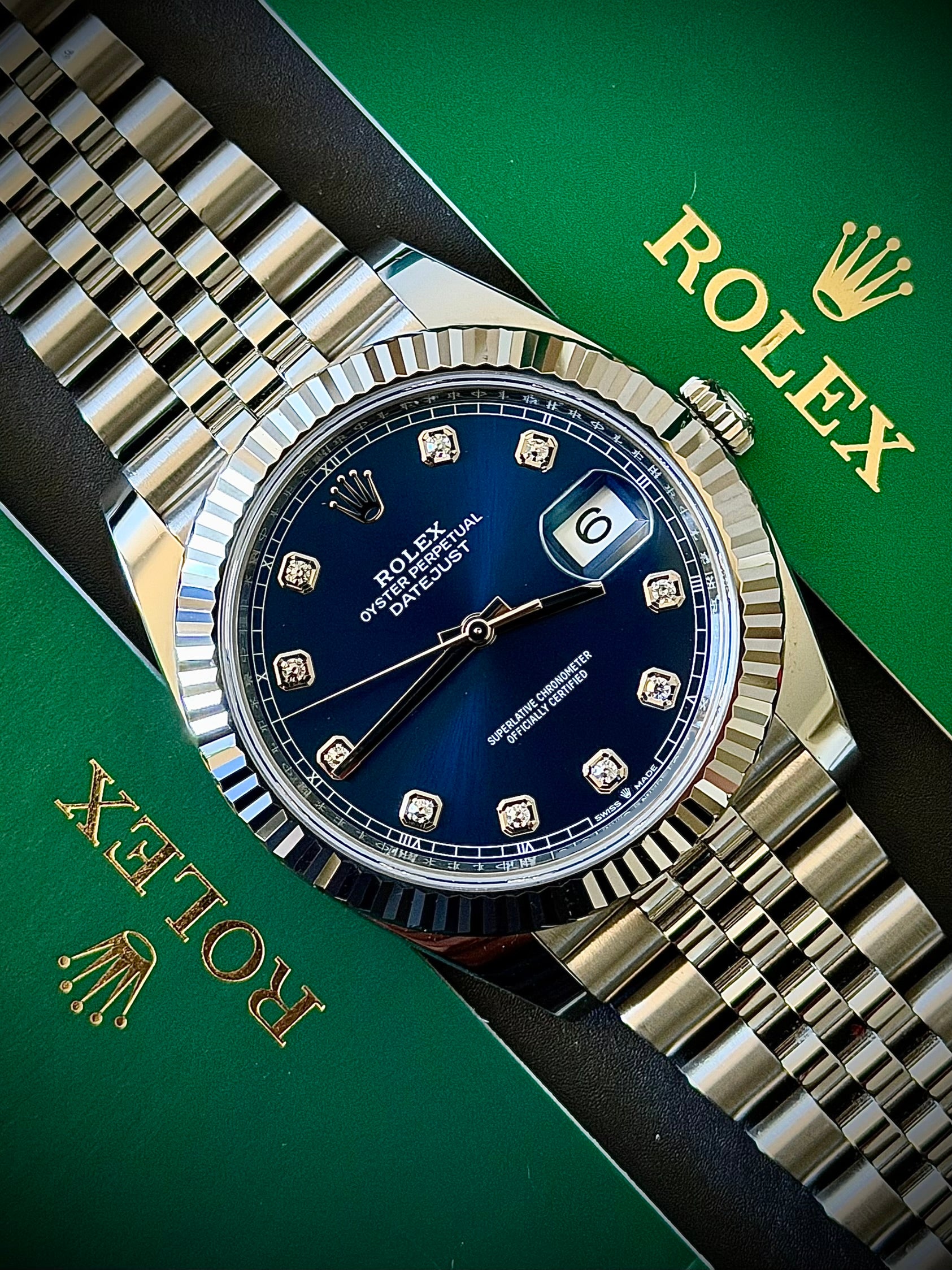 2023 ROLEX DATEJUST 41, FLUTED BEZEL, JUBILEE BRACELET, BLUE DIAMOND DIAL, FULL SET, INC GST