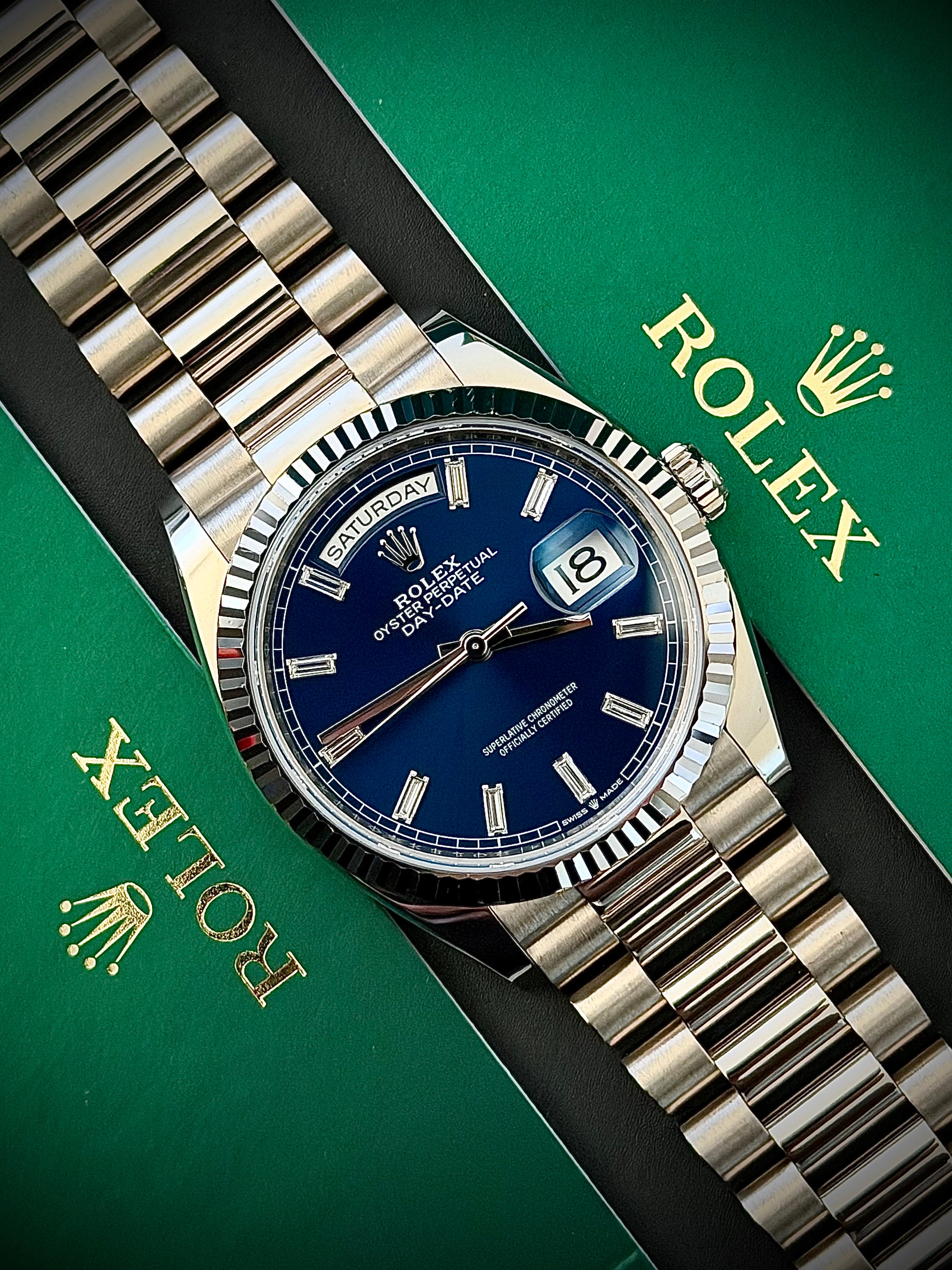 2024 ROLEX DAY-DATE 36, 128239, BLUE BAGUETTE DIAMOND DIAL, FULL SET, INC GST