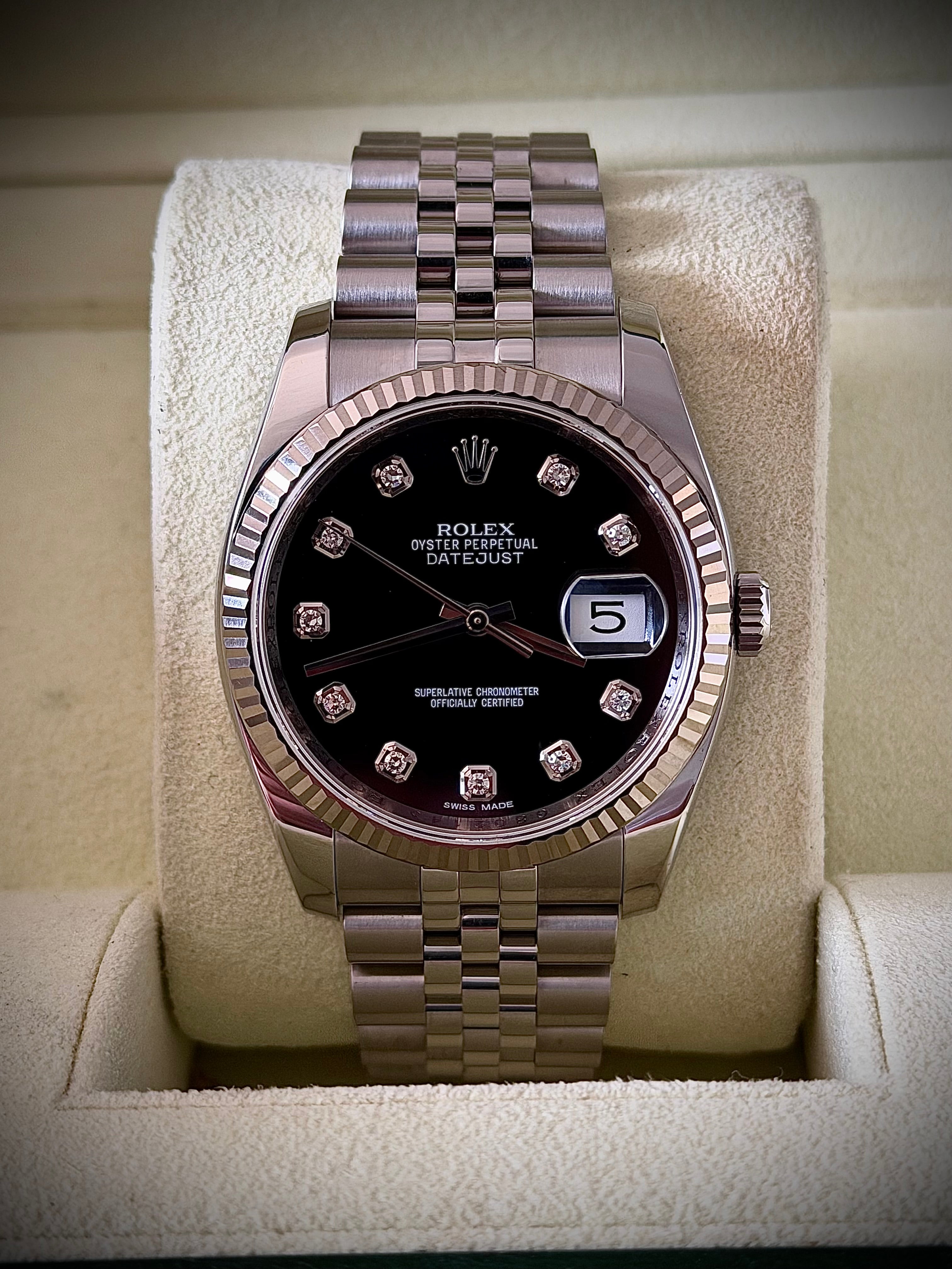 2012 ROLEX DATEJUST 36, 116234, BLACK DIAMOND DIAL, FULL SET, INC GST