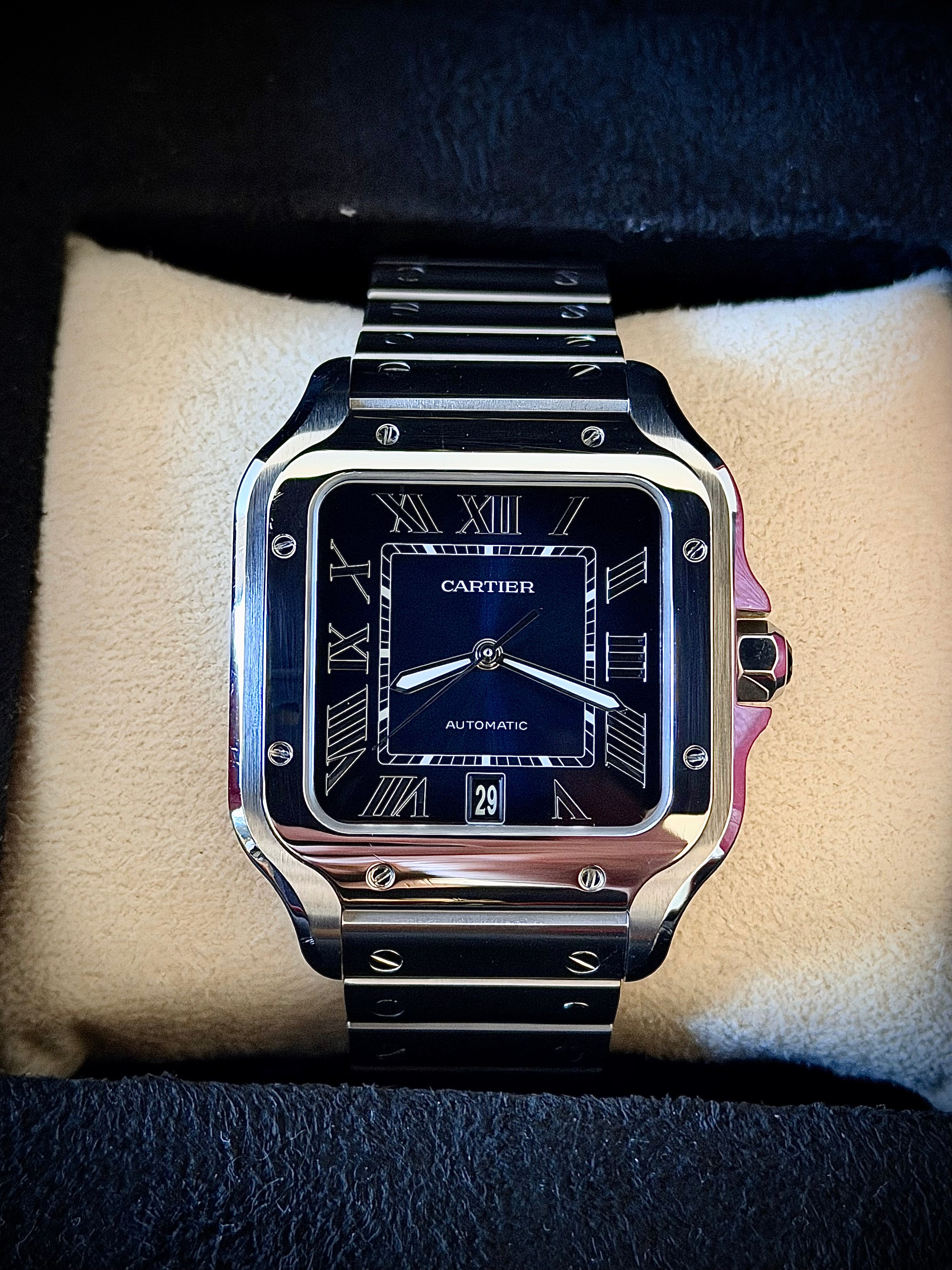 2024 CARTIER SANTOS DE CARTIER LARGE, BLUE DIAL, WSSA0030, BOX AND PAPERS, INC GST