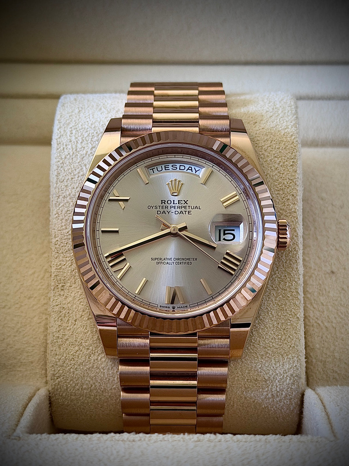 2024 ROLEX DAY-DATE 40, 228235, SUNDUST DIAL, 18CT EVEROSE GOLD, FULL SET, INC GST