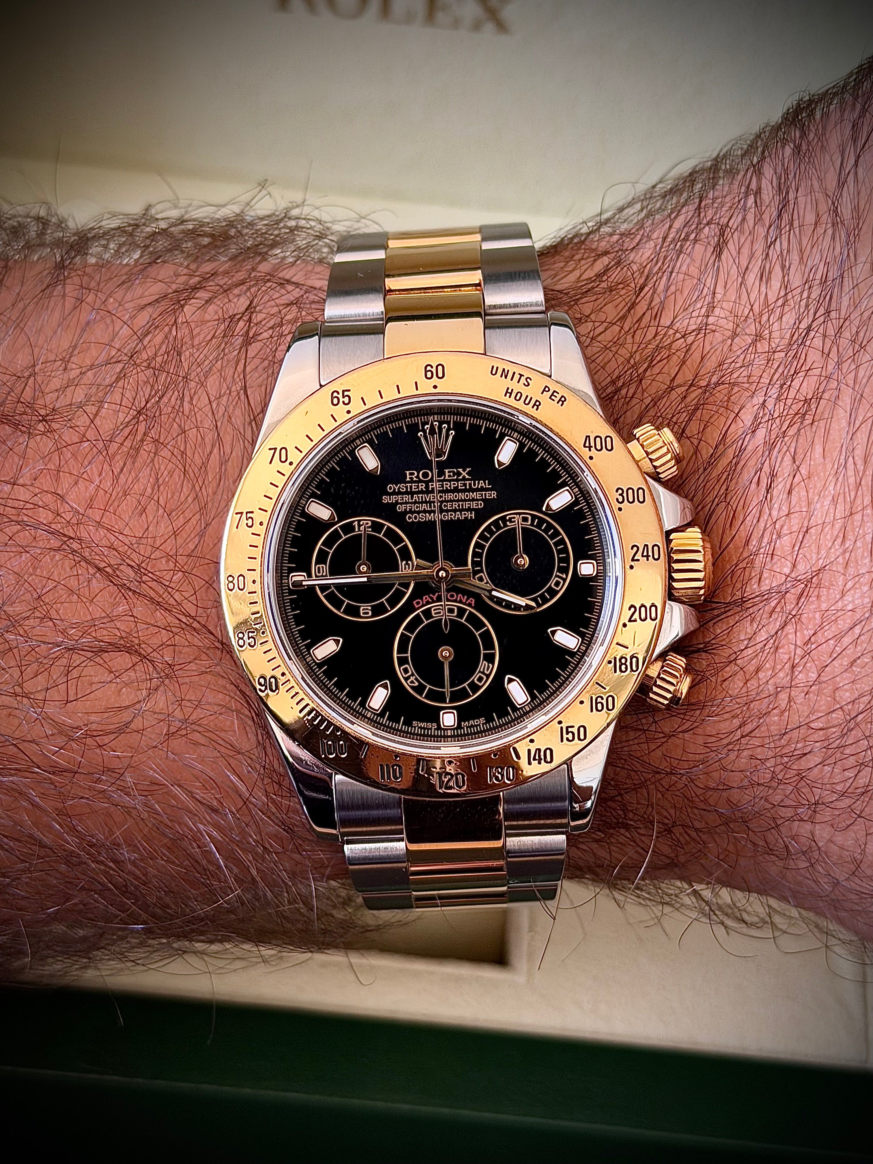 2003 ROLEX COSMOGRAPH DAYTONA, BLACK DIAL, TWO TONE, 116523, WATCH AND BOX, INC GST