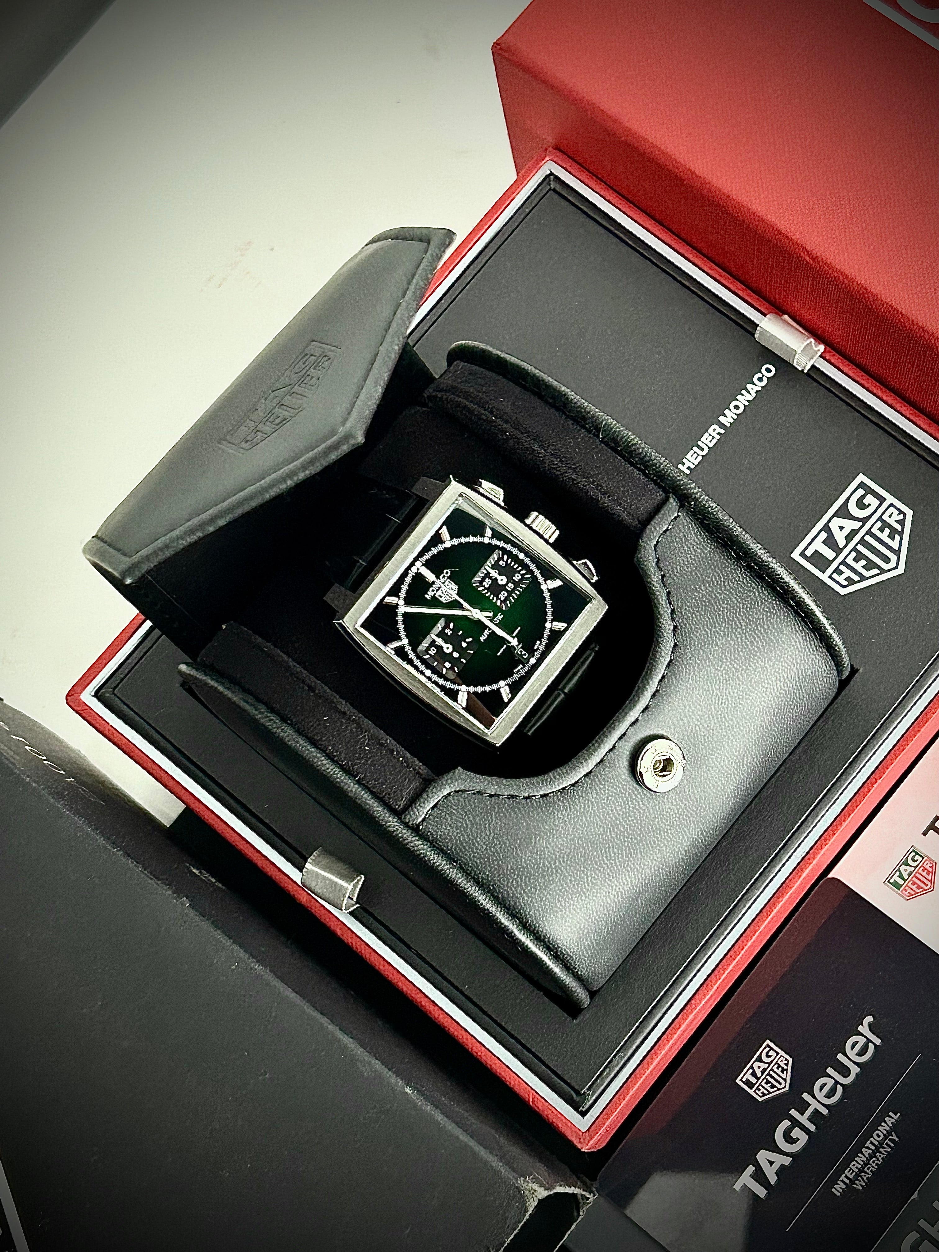 2021 TAG HEUER MONACO, 1 OF 500 GREEN DIAL, FULL SET, INC GST