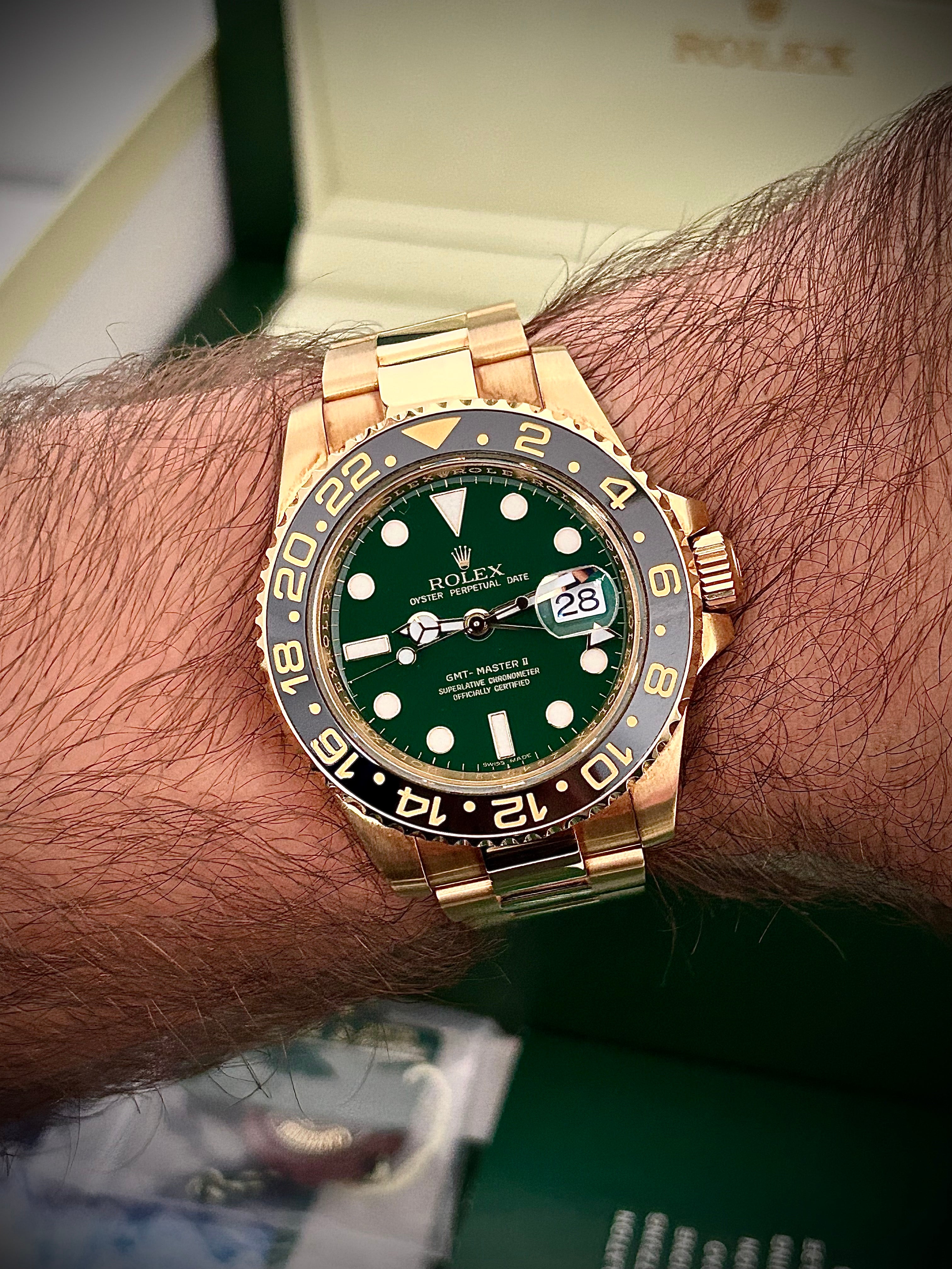 2007 ROLEX GMT MASTER II, GREEN MONEY DIAL RSC SERVICE, 116718LN , FULL COLLECTORS SET, INC GST