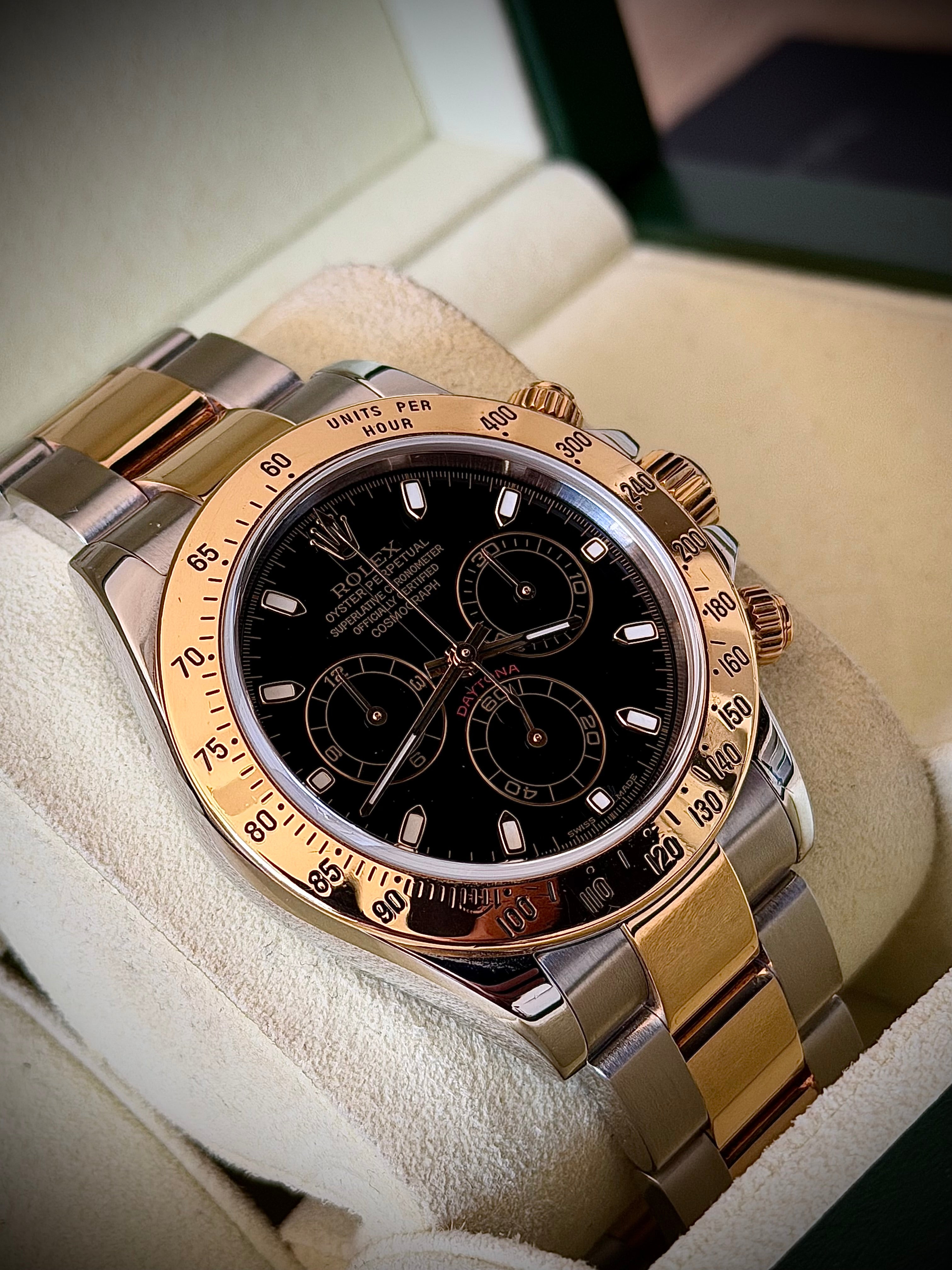 2003 ROLEX COSMOGRAPH DAYTONA, BLACK DIAL, TWO TONE, 116523, WATCH AND BOX, INC GST